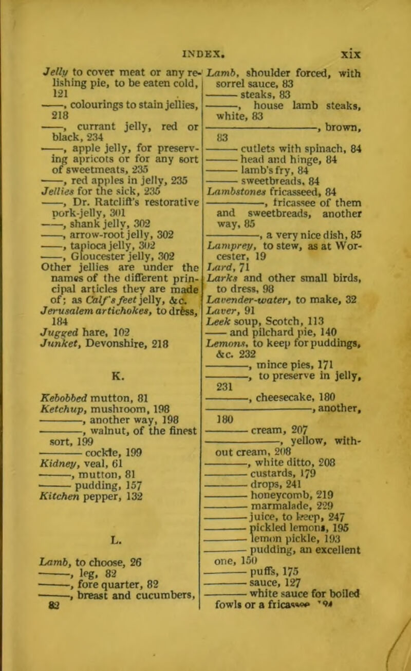 Jelly to cover meat or any re- lishing pie, to be eaten cold, 121 • , colourings to stain jellies, 218 ■ , currant jelly, red or black, 234 , apple jelly, for preserv- ing apricots or for any sort of sweetmeats, 235 , red apples in jelly, 235 Jellies for the sick, 235 , Dr. Ratclift’s restorative pork-jelly, 301 ——, shank jelly, 302 , arrow-root jelly, 302 , tapioca jelly, 302 , Gloucester jelly, 302 Other jellies are under the names of the different prin- cipal articles they are made of; as Calf's feet jelly, &c. Jerusalem artichokes, todrfess, 184 Jugged hare, 102 Junket, Devonshire, 218 K. Kebobbed mutton, 81 Ketchup, mushroom, 198 , another way, 198 -, walnut, of the finest sort, 199 Lamb, shoulder forced, with sorrel sauce, 83 steaks, 83 , house lamb steaks, white, 83 83 -, brown. - cutlets with spinach, 84 head and hinge, 84 lamb's fry, 84 sweetbreads, 84 Lambstones fricasseed, 84 , tricassee of them and sweetbreads, another way, 85 , a very nice dish, 85 Lamprey, to stew, as at Wor- cester, 19 Uird, 71 Larks and other small birds, to dress, 98 Lacender-water, to make, 32 Laver, 91 Leek soup, Scotch, 113 and pilchard pie, 140 Lemons, to keep for puddings, &c. 232 , mince pies, 171 ■, to preserve in jelly. -, cheesecake, 180 , another. 231 180 - cream, 207 , yellow, with- cockle, 199 Kidney, veal, 61 , mutton, 81 ■ pudding, 157 Kitchen pepper, 132 L. Lamb, to choose, 26 , leg, 82 -, fore quarter, 82 -, breast and cucumbers, 82 out cream, 208 , white ditto, 208 custards, 179 drops, 241 honeycomb, 219 marmalade, 229 juice, to beep, 247 pickled lemons, 195 lemon pickle, 193 pudding, an excellent one, 150 — puffs, 175 sauce, 127 white sauce for boiled fowls or a frica«»«e ’ft