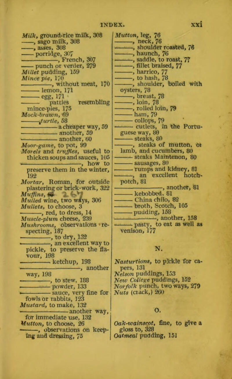 Milk, ground-rice milk, 308 , sago milk, 308 , asses, 308 porridge, 307 , French, 307 punch or verder, 2/9 Millet pudding, 159 Mince pie, 170 . , without meat, 170 lemon, 171 • egg, 171 patties resembling mince-pies, 175 Mock-brawn, 69 turtle, 58 a cheaper way, 59 another, 59 another, 60 Moor-game, to pot, 99 Morels and truffles, useful to thicken soups and sauces, 105 ■ , how to preserve them in the winter, 192 Mortar, Roman, for outside plastering or brick-work, 322 Muffins, m X Mulled wine, two ways, 306 Mullets, to choose, 3 , red, to dress, 14 Muscle-plum cheese, 23!) Mushrooms, observations 're- specting, 187 • , to dry, 132 • , an excellent way to pickle, to preserve the fla- vour, 198 ■ ketchup, 198 , another way, 198 • , to stew, 188 ■ powder, 133 • sauce, very fine for fowls or rabbits, 123 Mustard, to make, 132 - ■ ■ ■ another way, for immediate use, 132 Mutton, to choose, 26 , observations on keep- ing aud dressing, 75 Mutton, leg, 76 , neck, 76 • , shoulder roasted, 76 , haunch, 76 , saddle, to roast, 77 , fillet braised, 77 , harrico, 77 , to hash, 78 , shoulder, boiled with oysters, 78 , breast, 78 , loin, 78 , rolled loin, 79 ham, 79 collops, 79 ■ cutlets, in the Portu- guese way, 80 steaks, 80 , steaks of mutton, oi lamb, and cucumbers, 80 steaks Maintenon, 80 sausages, 80 rumps and kidney, 81 ■ , an excellent hotch- potch, 81 , another, 81 kebobbed. 81 China chllo, 82 broth, Scotch, 105 pudding, 158 , another, 158 pasty, to eat as well as venison, 177 N. Nasturtinns, to pickle for ca- pers, 131 Nelson puddings, 153 New College puddings, 152 Norfolk punch, two ways, 279 Nuts (clack,) 260 O. Oak-wainscot, fine, to give a gloss to, 328 Oatmeal pudding, 151