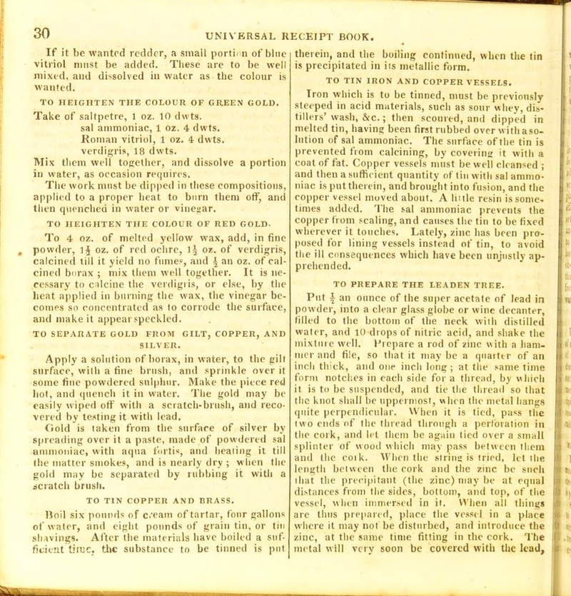 If it be wanted redder, a small portion of bine vitriol must be added. These are to be well mixed, and dissolved in water as the colour is wanted. TO HEIGHTEN THE COLOUR OF GREEN GOLD. Take of saltpetre, l oz. 10 dwts. sal ammoniac, 1 oz. 4 dwts. Roman vitriol, 1 oz. 4 dwts. verdigris, 18 dwts. Mix them well together, and dissolve a portion in water, as occasion requires. The work must be dipped in these compositions, applied to a proper heat to burn them off, and then quenched in water or vinegar. TO HEIGHTEN THE COLOUR OF RED GOLD. To 4 oz. of melted yellow wax, add, in fine , powder, 1§ oz. of red ochre, 1| oz. of verdigris, calcined till it yield no fumes, and ± an oz. of cal- cined borax ; mix them well together. It is ne- cessary to calcine the verdigris, or else, by the heat applied in burning the wax, the vinegar be- comes so concentrated as to corrode the surface, and make it appeal speckled. TO SEPARATE GOLD FROM GILT, COPPER, AND SILVER. Apply a solution of borax, in water, to the gilt surface, with a fine brush, and sprinkle over it some fine powdered sulphur. Make the piece red hot, and quench it in water. The gold may be easily wiped off with a scratch-brush, and reco- vered by testing it with lead. Gold is taken from the surface of silver by spreading over it a paste, made of pow'dered sal ammoniac, with aqua tbrtis, and heating it till the matter smokes, and is nearly dry ; when the gold may be separated by rubbing it with a scratch brush. TO TIN COPPER AND BRASS. Roil six pounds of cream of tartar, four gallons of water, and eight pounds of grain tin, or tin shavings. After the materials have boiled a suf- ficient time, the substance to be tinned is put therein, and the boiling continued, when the tin is precipitated in its metallic form. TO TIN IRON AND COPPER VESSELS. Iron which is to be tinned, must be previously steeped in acid materials, such as sour whey, dis- tillers’ wash, &c.; then scoured, and dipped in melted tin, having been first rubbed over with aso- lution of sal ammoniac. The surface of the tin is prevented from calcining, by covering it with a coat of fat. Copper vessels must be well cleansed ; and then a sufficient quantity of tin with sal ammo- niac is put therein, and brought into fusion, and the copper vessel moved about. A little resin is some- times added. The sal ammoniac prevents the copper from scaling, and causes the tin to be fixed wherever it touches. Lately, zinc has been pro- posed for lining vessels instead of tin, to avoid the ill consequences which have been unjustly ap- prehended. TO PREPARE THE LEADEN TREE. Put | an ounce of the super acetate of lead in powder, into a clear glass globe or wine decanter, tilled to the bottom of the neck with distilled water, and 10 drops of nitric acid, and shake the mixture well. Prepare a rod of zinc w ith a ham- mer and file, so that it may be a quarter of an inch thick, and one inch long ; at the same time form notches in each side for a thread, by which it is to be suspended, and tie the thread so that the knot shall be uppermost, when the metal hangs quite perpendicular. W hen it is tied, pass the two ends of the thread through a perforation in the cork, and let them be again tied over a small splinter of wood which may pass between them and the coik. When the strina is tried, let the length between the cork and the zinc be such that the precipitant (the zinc) may be at equal distances from the sides, bottom, and top, of the vessel, when immersed in it. When all things are thus prepared, place the vessel in a place w'here it may not be disturbed, and introduce the zinc, at the same time fitting in the cork. The metal will very soon be covered with the lead.