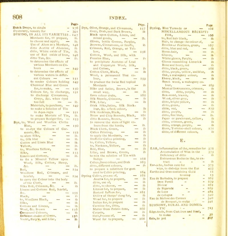 — 149 I 5 I 149 150 151 ib. 149 I 51 ib. 1 S3 '5 P*85* Dutch Drops, to obtain - 270 Dysentery, remedy for - 391 DYEING, IN ALL ITS VARIETIES . I47 Mordants for, to prepare, ib. to choose and apply, — ib. Use of Alum as a Mordant, 148 ditto Acctite of Aluminc, ib ditto, White oxide of Tin, ib. use of Red oxide of Iron, 148 ditto Tan, &e. — ib. to determine the effects of various Mordants on Co- lours — to determine the effects of various waters in differ- ent Colours — — to render Colours holding Chemical Blue and Green for, to make, — — Colours for, to discharge, to discharge Cinnamons, Greys, &c. when dyed too full — — Materials, to purchase, — to make a Solution of Tin in Aqua-regia — to make Muriate of Tin, to prepare Realgar for, — Dye, to, Wool and Woollen Cloths Blue, — — — to re-dye the Colours of Gar- ments, &c. — — to alum Silks, — — to, Silk blue — — Cotton and Linen Blue — Yellow, — — to, Woollens Yellow, — Silks, — — Linens and Cottons, — to fix a Mineral Yellow upon Wool, Silk, Cotton, Hemp, &c. — — Red, — — Woollens Red, Crimson, and Scarlet, — to carry the Colour into the body of the Cloth, — — Silks Red, Crimson, &c. - Linens and Cottons Red, Scarlet, <Vc. — - Black, — — to, Woollens Black, — Silks, — - Cottons and Linens, - Wool, &c. Brown — — Compound Colours, - Different shades of Green, Violet, Purple, aad Lilac, - 152 ib. ib. ib. ib. ib. I 53 ib. ib. 154 — 154 ib. ib 155 ib ib ib ib I 56 ib I «6 Ib PBgC. Dye, Olive, Orange, and Cinnamon, 157 Grey, Drab,and Dark Brown, ib Black upon Cotton, Linen, and mixed goods, — — ib- Olives, bottle Greens, Purples, Browns, Cinnamons, or Snuffs, ib Crimson, Red, Orange, or Yel- low, — — 158 Cotton, Wool, and Silk, with Prussian Blue, — — ib to precipitate Acetates of Lead and Copper,on Wool, Silk, and Cotton, — — ib Cotton Cloth, Black, — ib Wool, a permanent blue co- lour, — — 159 to produce the Swiss Red topical Mordants — — ib Silks and Satins, Brown,in the small way, — — ib fawn colour drabs, — 160 Silk Shawls, Crimson, — ib Silk, Lilac, — — ib thick Silks,Satins, Silk Stock- ings, &c. a flesh colour, ib Silk Stockings, Black, — >b Straw and Chip Bonnets, Black, t6i ditto Bonnets, Brown, — ib to remove the stain of light co- lours from the hands, — ib Black Cloth, Green, — ib Calico Printing, — — ib to apply the Mordants, — ib Stuffs for Calico printing, —- ib to, Calico, Yellow, — ib to, Nankeen, Yellow, — ib Red, Blue, — — ib Lilac, and Brown, Green, ib to mix the solution of Tin with Indigo — — 168 Calico,Dove colour, and Drab 163 ditto, different colours, — ib to prepare a substitute for gum used in Calico printing, 164 Dyeing Calico, process of, — 162 Anatt« for, to prepare, — ib diito, use of, — — ib ditto, to choose, — — ib Litmus for, to prepare, — ib Bastard Saffron for, — JOS Utility of Sheeps’ dung for, ib Woad for, to prepare — ib Indigo for, to prepare — ib Carmine for, ditto, — ib Matter from Potato-tons, 166 Carpets, — — ib Ilats,Process of, — — >b Wood for to prepare, — 168 PiC* Dyeing, Blue Turnsole or — i03 MISCELLANEOUS RECEIPTS FOR, — — 166 to, Red hair black, — ib Hair, to change the colour of. 10 Bristles <*r Feathers, green. 167 ditto, blue and red, — ib Horse-hair, — — ih Gloves, •— —■ ib White gloves, Purple, — ib Gloves resembling Limerick ib Bone and Ivory, red — ib ditto, black, green. 168 ditto, purple, yellow, and blue, ib Oak, a mahogany colour, ib Ebony, black, — — ib Beech wood, a mahogany co- lour, — — 169 Musical Instruments, crimson, ib ditto, ditto, purple, — ib Box-wood, brown, — ib Wood, silver grey, —- ib ditto, bright yellow, — ib ditto, green, — ib ditto, red, — — 170 ditto, purple, — ib ditto, fine blue, — ib. Paper or parchment, yellow, ib ditto, crimson, green, ib ditto, orange, purple, — ib Horn, Tortoise-shell colour, 171 ditto, oi different colours. ib E. EAR, inflammation of the, remedies for 372 Accumulation of Wax in the 373 Deficiency of ditto - ib Extraneous Bodies in the, to ex- tract — - ib Ear-ache, Indian cure for - 373 wigs, to dislodge from the Ear 453 Earths and Ores containing Gold IZ to assay - 13 Eau de Barbades, to prepare — zOs Sans Pareil - - Z79 Divine - - 265 de Bigarade — - 269 dc Luce - - 484 dc Cologne - - 340 Eau dc Melisse des Carmcs — 340 dc Bouquet, to make - 341 ECONOMY, RURAL AND DOMES* TIC • - - 713 Edge-tools, from Cast-iron and Steel, to make - - 36 Eels, to pot - SOI