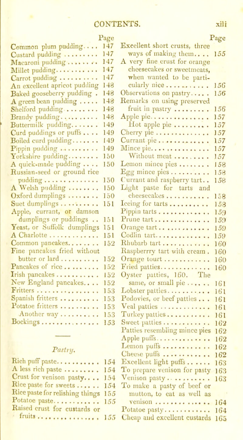 Page Common plum pudding.... 147 Custard pudding 147 Macaroni pudding 147 Millet pudding. 147 Carrot pudding 147 An excellent apricot pudding 148 Baked gooseberry pudding . 148 A green bean pudding 148 Shelford pudding 148 Brandy pudding 148 Buttermilk pudding 149 Curd puddings or puffs .... 149 Boiled curd pudding 149 Pippin pudding 149 Yorkshire pudding 150 A quick-made pudding .... 150 Russian-seed or ground rice pudding 150 A Welsh pudding 150 Oxford dumplings 150 Suet dumplings 151 Apple, currant, or damson dumplings or puddings .. 151 Yeast, or Suffolk dumplings 151 A Charlotte 151 Common pancakes 152 Fine pancakes fried without butter or lard 152 Pancakes of rice 152 Irish pancakes 152 New England pancakes.... 152 Fritters 153 Spanish fritters 153 Potatoe fritters 153 Another way 153 Bookings 153 Pastry. Rich puff paste 154 A less rich paste 154 Crust for venison pasty.... 154 Rice paste for sweets 154 Rice paste for relishing things 155 Potatoe paste 155 Raised crust for custards or fruits 155 Page Excellent short crusts, three ways of making them.. . . 155 A very fine crust for orange cheesecakes or sweetmeats, when wanted to be parti- cularly nice ] 56 Observations on pastry 156 Remarks on using preserved fruit in pastry 156 Apple pie 157 Hot apple pie 157 Cherry pie 157 Currant pie 157 Mince pie 157 Without meat 157 Lemon mince pies 158 Egg mince pies 158 Currant and raspberry tart. . 158 Light paste for tarts and cheesecakes 158 Iceing for tarts 153 Pippin tarts ]5<) Prune tart ] 5<l Orange tart ]5g Codlin tart 159 Rhubarb tart ] 60 Raspberrry tart with cream . 160 Orange tourt )60 Fried patties 160 Oyster patties, 16’0. The same, or small pie )61 Lobster patties ]6l Podovies, or beef patties ... 161 Veal patties 161 Turkey patties 161 Sweet patties 162 Patties resembling mince pies 162 Apple puffs 162 Lemon puffs 162 Cheese puffs ] 62 Excellent light puffs 163 To prepare venison for pasty ] 63 Venison pasty 163 To make a pasty of beef or mutton, to eat as well as venison ]64 Potatoe pasty ]64 Cheap and excellent custards 1G5