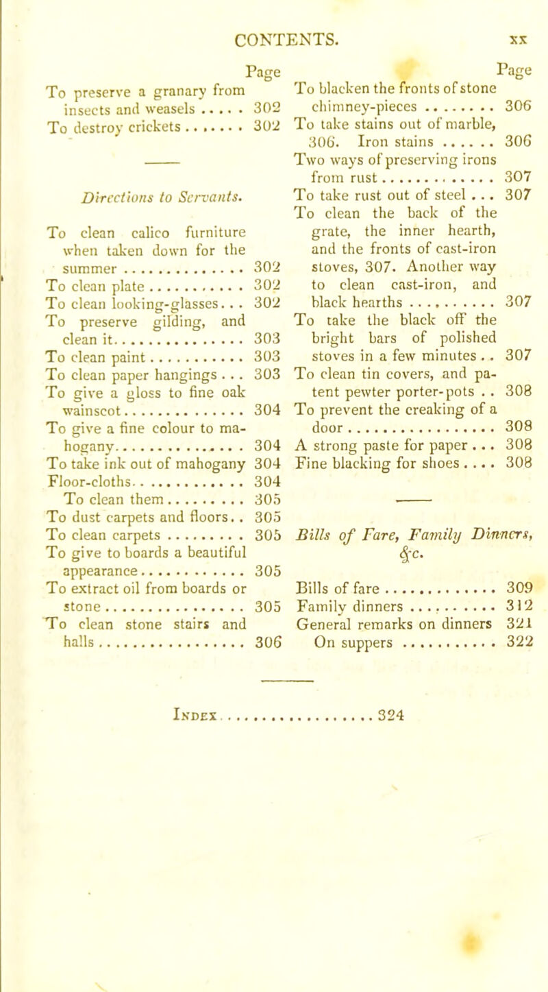 Page To preserve a granary from insects and weasels 302 To destroy crickets ....... 302 Directions to Servants. To clean calico furniture when taken down for the summer 302 To clean plate 302 To clean looking-glasses... 302 To preserve gilding, and clean it 303 To clean paint 303 To clean paper hangings . . . 303 To give a gloss to fine oak wainscot 304 To give a fine colour to ma- hogany 304 To take ink out of mahogany 304 Floor-cloths 304 To clean them 305 To dust carpets and floors. . 305 To clean carpets 305 To give to boards a beautiful appearance 305 To extract oil from boards or stone 305 To clean stone stairs and halls 306 Page To blacken the fronts of stone chimney-pieces 306 To take stains out of marble, 306. Iron stains 306 Two ways of preserving irons from rust 307 To take rust out of steel . .. 307 To clean the back of the grate, the inner hearth, and the fronts of cast-iron stoves, 307. Another way to clean cast-iron, and black hearths 307 To take the black off the bright bars of polished stoves in a few minutes .. 307 To clean tin covers, and pa- tent pewter porter-pots . . 308 To prevent the creaking of a door 308 A strong paste for paper . .. 308 Fine blacking for shoes .... 308 Bills of Fare, Family Dimers, i'c- Bills of fare 309 Family dinners 312 General remarks on dinners 321 On suppers 322 Index 324