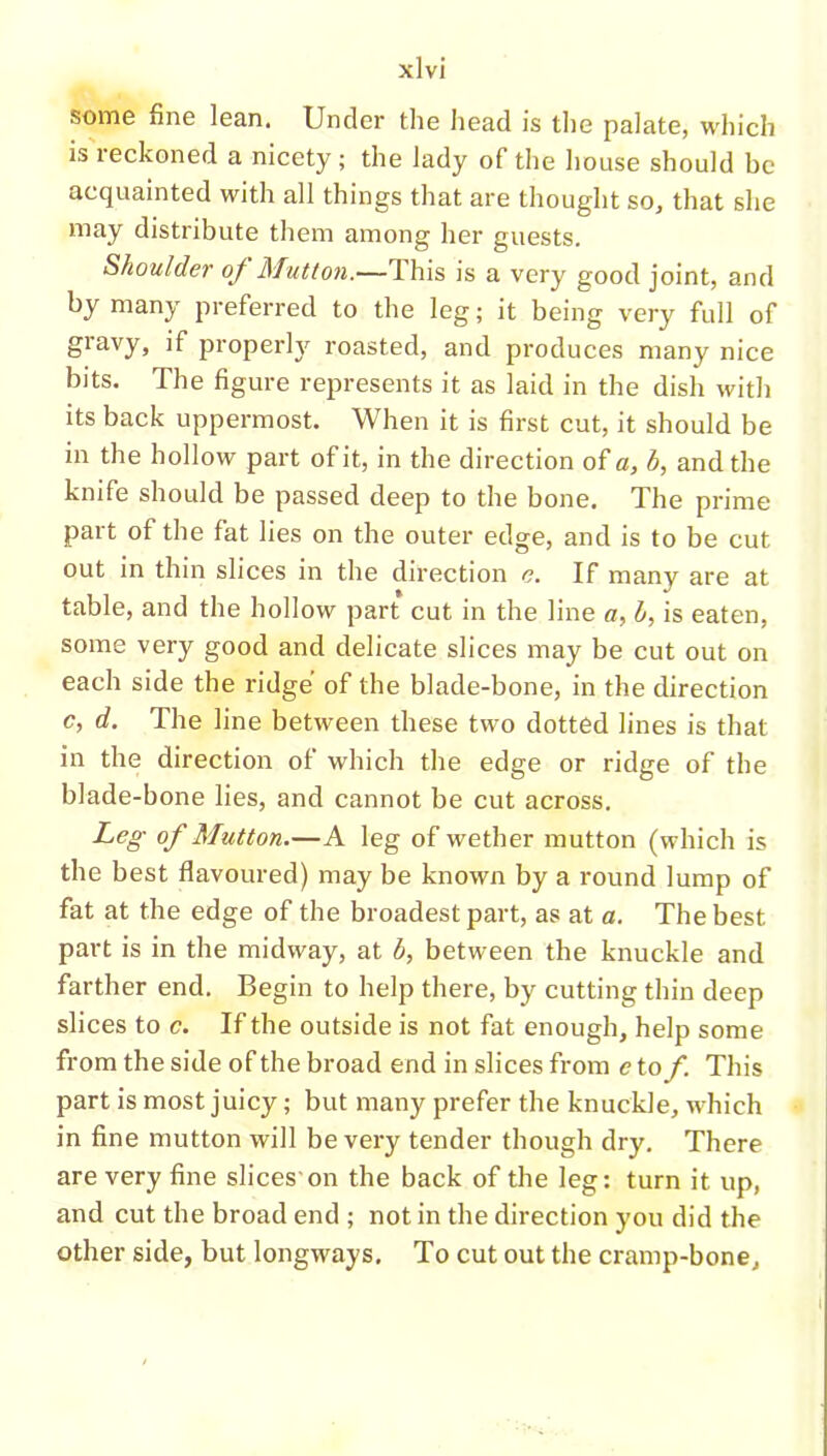 some fine lean. Under the head is the palate, which is reckoned a nicety; the lady of the house should be acquainted with all things that are thought so, that she may distribute them among her guests. Shoulder of Mutton.—This is a very good joint, and by many preferred to the leg; it being very full of gravy, if properly roasted, and produces many nice bits. The figure represents it as laid in the dish with its back uppermost. When it is first cut, it should be in the hollow part of it, in the direction of a, b, and the knife should be passed deep to the bone. The prime part of the fat lies on the outer edge, and is to be cut out in thin slices in the direction c. If many are at table, and the hollow part cut in the line «, b, is eaten, some very good and delicate slices may be cut out on each side the ridge of the blade-bone, in the direction c, d. The line between these two dotted lines is that in the direction of which the edge or ridge of the blade-bone lies, and cannot be cut across. Leg of Mutton.—A leg of wether mutton (which is the best flavoured) may be known by a round lump of fat at the edge of the broadest part, as at a. The best part is in the midway, at b, between the knuckle and farther end. Begin to help there, by cutting thin deep slices to c. If the outside is not fat enough, help some from the side of the broad end in slices from e to f. This part is most juicy; but many prefer the knuckle, which in fine mutton will be very tender though dry. There are very fine slices'on the back of the leg: turn it up, and cut the broad end ; not in the direction you did the other side, but longways. To cut out the cramp-bone.