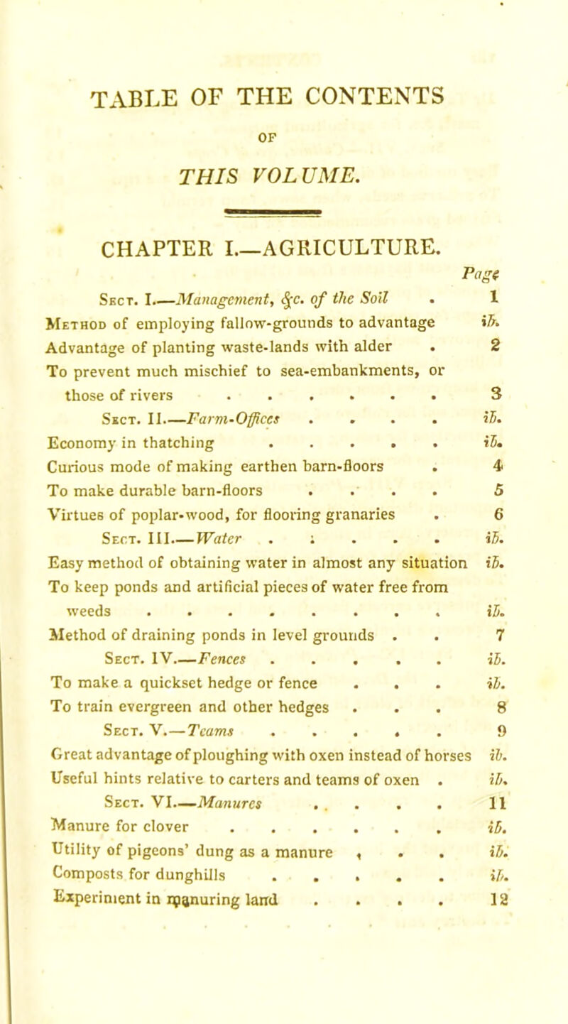 TABLE OF THE CONTENTS OF THIS VOLUME. CHAPTER I.—AGRICULTURE. Pagt Sect. I.—Management, <Jc. of the Soil . 1 Method of employing fallow-grounds to advantage ih. Advantage of planting waste-lands with alder . 2 To prevent much mischief to sea-embankments, or those of rivers ...... 3 Sect. II Farm-Offices .... ih. Economy in thatching ..... t5. Curious mode of making earthen barn-floors . 4 To make durable barn-floors .... 5 Virtues of poplar-wood, for flooring granaries . 6 Sect. III.—Water . : id. Easy method of obtaining water in almost any situation ih. To keep ponds and artificial pieces of water free from weeds ........ ih. Method of draining ponds in level grounds . . 7 Sect. IV—Fences ..... ih. To make a quickset hedge or fence ... ih. To train evergreen and other hedges ... 8 Sect. V.— Teams 9 Great advantage of ploughing with oxen instead of horses ih. Useful hints relative to carters and teams of oxen . ih. Sect. VI— Manures ... . . 11 Manure for clover ih. Utility of pigeons’ dung as a manure , . . ih. Composts for dunghills ih.