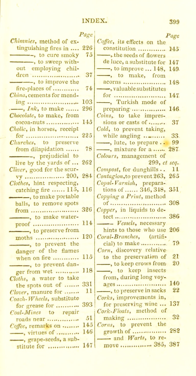 Page Chimnies, method of ex- tinguishing fires in 226 ——, to cure smoky 75 , to sweep with- out employing chil- dren „ 37 , to improve the fire-places of 74 China, cements for mend- ing 103 , Ink, to make 296 Chocolate, to make, from cocoa-nuts 145 Cholic, in horses, receipt for 225 Churches, to preserve from dilapidation 78 , prejudicial to live by the yards of... 262 Cliver, good for the scur- vy 200, 284 Clothes, hint respecting, catching fire 115, 116 ———, to make portable balls, to remove spots from 326 , to make water- proof 114 . ■ , to preserve from moths 120 , to prevent the danger of the flames when on fire 115 , to prevent dan- ger from wet 118 Cloths, a water to take the spots out of 331 Clover, manure for 11 Coach- Wheels, substitute for grease for 393 Coal-Mines to repair roads near 51 Coffee, remarks on 145 , virtues of 146 , grape-seeds, a sub- stitute for 147 „ , . Pagc Coffee, its effects on the constitution 145 the seeds of flowers de luce, a substitute for 147 , to improve ... 149, 149 , to make, from acorns 148 — —, valuablesubstitutes for 147 , Turkish mode of preparing 146 Coins, to take impres- sions or casts of 37 Cold, to prevent taking, while angling .... 33 , lute, to prepare .. 99 , mixture for a 287 Colours, management of 299, ct seq. Compost, for dunghills .. 11 Contagion,to prevent 263, 265 Copal- Varnish, prepara- tions of 346, 318, 351 Copying a Print, method of 308 Copper, in liquids to de- tect 386 Vessels, necessary hints to those who use 206 Coral-Branches, (artifi- cial) to make 79 Corn, discovery relative to the preservation of 21 , to keep crows from 20 , to keep insects from, during long voy- ages 140 , to preserve in sacks 22 Corks, improvements in, for preserving wine ... 137 Cork-Floats, method of making 32 Corns, to prevent the growth of 282 and Warts, to re- move 385, 387