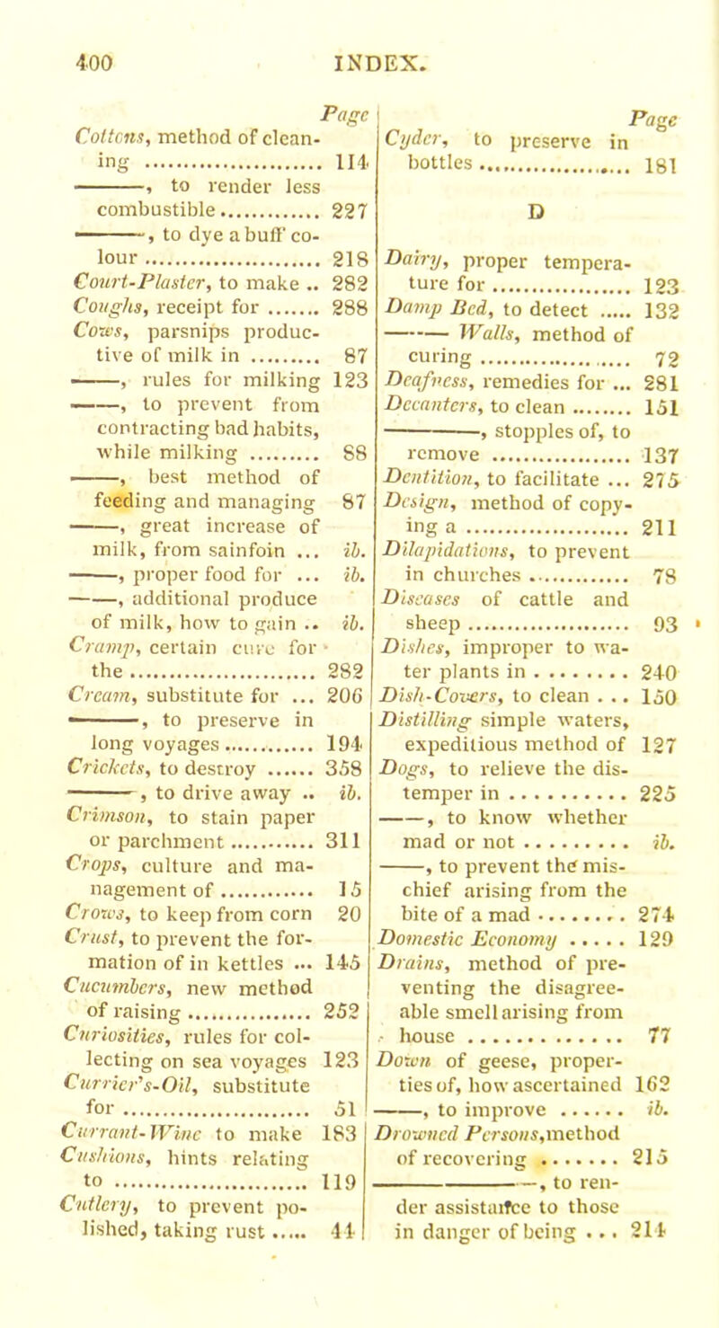 Page Cottons, method of clean- ing Ill , to render less combustible 227 • , to dye a buff co- lour 218 Court-Plaster, to make .. 282 Coughs, receipt for 288 Cores, parsnips produc- tive of milk in 87 ——, rules for milking 123 , to prevent from contracting bad habits, while milking 88 , best method of feeding and managing 87 , great increase of milk, from sainfoin ... ib. , proper food for ... ib. , additional produce of milk, how to gain .. ib. Cramp, certain cure for • the 282 Cream, substitute for ... 206 ■ , to preserve in Jong voyages 194 Crickets, to destroy 358 , to drive away .. ib. Crimson, to stain paper or parchment 311 Crops, culture and ma- nagement of 15 Crows, to keep from corn 20 Crust, to prevent the for- mation of in kettles ... 145 Cucumbers, new method of raising 252 Curiosities, rules for col- lecting on sea voyages 123 Currier's-Oil, substitute for 51 Currant-Wine to make 183 Cushions, hints relating to 119 Cutlery, to prevent po- lished, taking rust 44 Cyder, to preserve in bottles 181 D Dairy, proper tempera- ture for 123 Damp Bed, to detect 132 Walls, method of curing 72 Deafness, remedies for ... 281 Decanters, to clean 151 , stopples of, to remove 137 Dentition, to facilitate ... 275 Design, method of copy- ing a 211 Dilapidations, to prevent in churches 78 Diseases of cattle and sheep 93 Dishes, improper to wa- ter plants in 240 Dish-Covers, to clean ... 150 Distilling simple waters, expeditious method of 127 Dogs, to relieve the dis- temper in 225 , to know whether mad or not ib. , to prevent the mis- chief arising from the bite of a mad 274 Domestic Economy 129 Drains, method of pre- venting the disagree- able smell arising from house 77 Down of geese, proper- ties of, how ascertained 162 , to improve ib. Drowned Persons,method of recovering 215 , to ren- der assistatfee to those in danger of being ... 214