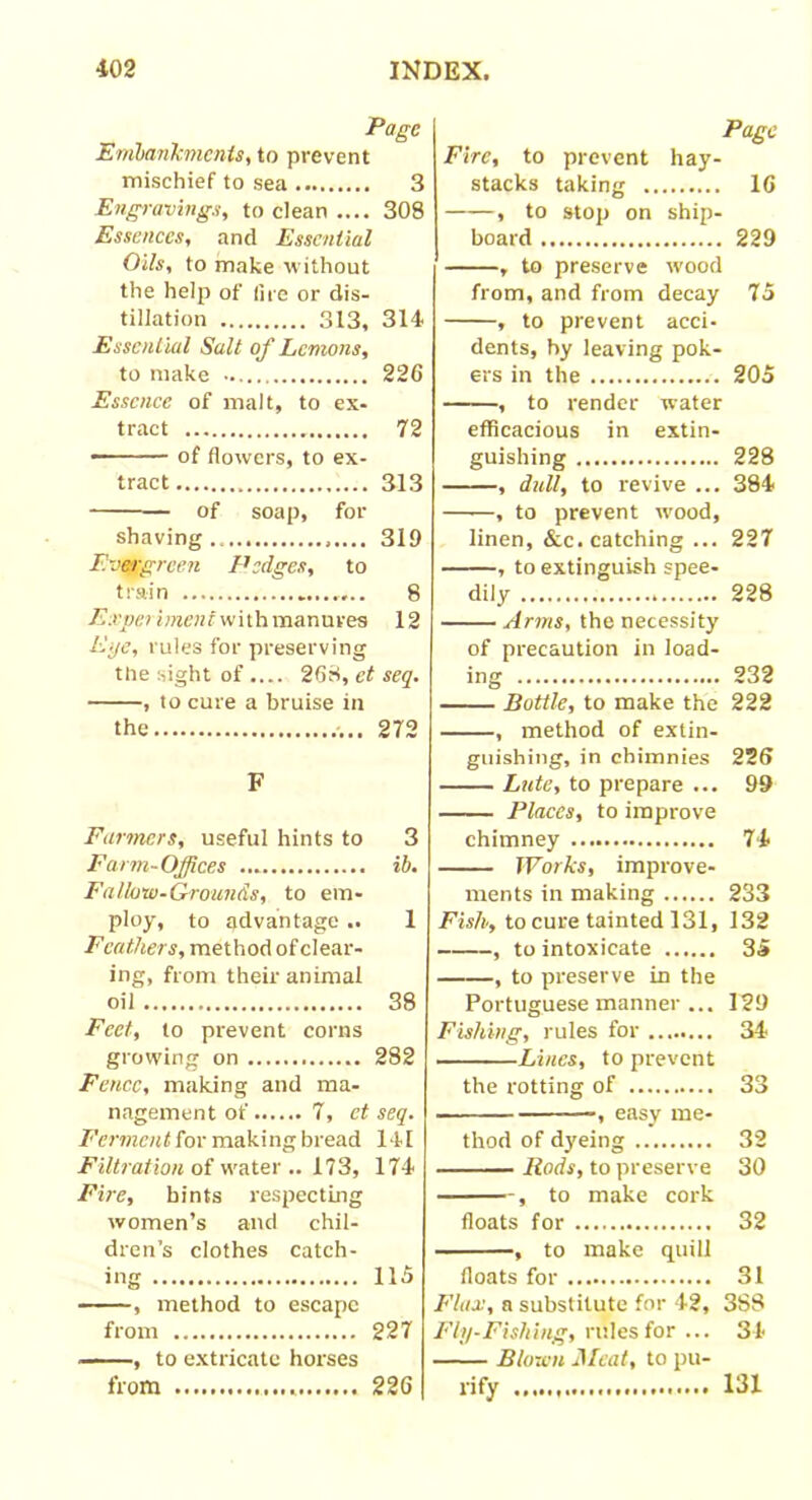 Page Embankments, to prevent mischief to sea 3 Engravings, to clean .... 308 Essences, and Essential Oils, to make without the help of lire or dis- tillation 313, 314 Essential Salt of Lemons, to make 226 Essence of malt, to ex- tract 72 — of flowers, to ex- tract 313 of soap, for shaving 319 Evergreen P edges, to train 8 Experiment with manures 12 Eye, rules for preserving the sight of .... 268, et seq. , to cure a bruise in the 272 F Farmers, useful hints to 3 Farm-Offices ib. Fallow-Grounds, to em- ploy, to advantage .. 1 Feathers, method of clear- ing, from their animal oil 38 Feet, to prevent corns growing on 282 Fence, making and ma- nagement of 7, ct seq. Ferment for making bread 141 Filtration of water .. 173, 174 Fire, hints respecting women’s and chil- dren’s clothes catch- ing 115 , method to escape from 227 , to extricate horses from Page Fire, to prevent hay- stacks taking 16 , to stop on ship- board 229 , to preserve wood from, and from decay 75 , to prevent acci- dents, by leaving pok- ers in the 205 , to render water efficacious in extin- guishing 228 , dull, to revive ... 384 , to prevent wood, linen, &c. catching ... 227 , to extinguish spee- dily 228 Arms, the necessity of precaution in load- ing 232 Bottle, to make the 222 , method of extin- guishing, in chimnies 226 Lute, to prepare ... 99 Places, to improve chimney 74 Works, improve- ments in making 233 Fish, to cure tainted 131, 132 , to intoxicate 35 , to preserve in the Portuguese manner ... 129 Fishing, rules for 34 Lines, to prevent the rotting of 33 ■, easy me- thod of dyeing 32 Rods, to preserve 30 , to make cork floats for 32 , to make quill floats for 31 Flax, a substitute for 42, 3S8 Fly-Fishing, rules for ... 34 Blown Meat, to pu- rify 226 131