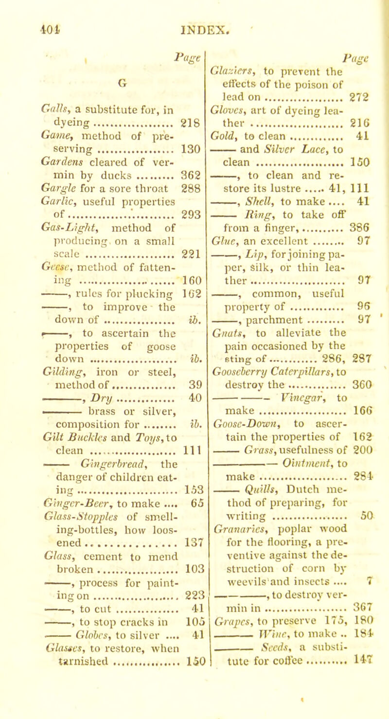 Page G Calls, a substitute for, in dyeing 218 Game, method of pre- serving 130 Gardens cleared of ver- min by ducks 362 Gargle for a sore throat 288 Garlic, useful properties of '. 293 Gas-Light, method of producing on a small scale 221 Geese, method of fatten- ing 160 , rules for plucking 162 , to improve the down of ib. • , to ascertain the properties of goose down ib. Gilding, iron or steel, method of 39 ■ , Dry 40 -— brass or silver, composition for ib. Gilt Buckles and Toys, to clean Ill Gingerbread, the danger of children eat- ing 153 Ginger-Beer, to make .... 65 Glass-Stopples of smell- ing-bottles, how loos- ened 137 Glass, cement to mend broken 103 , process for paint- ing on 223 , to cut 41 , to stop cracks in 105 • Globes, to silver .... 41 Glasses, to restore, when tarnished 150 Page Glaziers, to prevent the effects of the poison of lead on 272 Gloves, art of dyeing lea- ther 216 Gold, to clean 41 and Silver Lace, to clean 150 , to clean and re- store its lustre 41, 111 , Shell, to make .... 41 Ring, to take off from a finger, 386 Glue, an excellent 97 , Lip, for joining pa- per, Silk, or thin lea- ther 97 , common, useful property of 96 , parchment 97 Gnats, to alleviate the pain occasioned by the eting of 286, 287 Gooseberry Caterpillars, to destroy the 360 Vinegar, to make 166 Goose-Down, to ascer- tain the properties of 162 Grass, usefulness of 200 Ointment, to make 284 Quills, Dutch me- thod of preparing, for writing 50 Granaries, poplar wood for the flooring, a pre- ventive against the de- struction of corn by weevilsand insects .... 7 , to destroy ver- min in 367 Grapes, to preserve 175, 180 JVine, to make .. 184 Seeds, a substi- tute for coffee 147