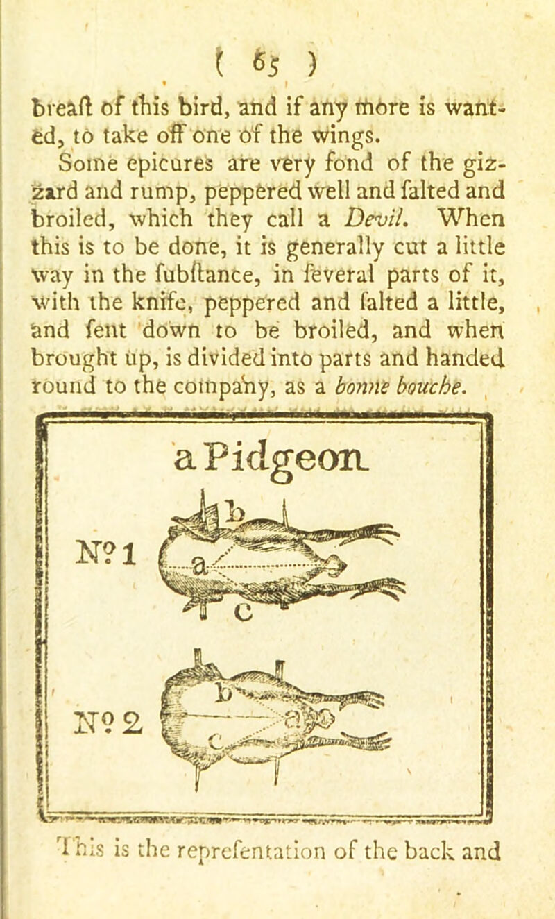 ? *5 ) • I bread of this bird, and if any chore is want- ed, to take off one of the wings. Some epicures are very fond of the giz- zard and rump, peppered well and falted and broiled, which they call a Devil. When this is to be done, it is generally cut a little way in the fubftance, in feveral parts of it, with the knife, peppered and falted a little, and fent down to be broiled, and when brought up, is divided into parts and handed round to the company, as a bonne bouche. This is the reprefentation of the back and