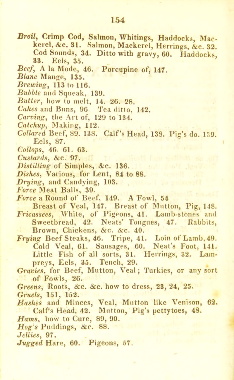 Broil, Crimp Cod, Salmon, Whitings, Haddocks, Mac- kerel, &c. 31. Salmon, Mackerel, Herrings, &c. 32. Cod Sounds, 34. Ditto with gravy, GO. Haddocks 33. Eels, 35. Beef,, A la Mode, 46. Porcupine of, 147. Blanc Mange, 135. Brewing, 113 to 116. Bubble and Squeak, 139. Butler, how to melt, 14. 26. 28. Cakes and Buns, 96 Tea ditto, 142. Carving, the Art of, 129 to 134. Catchup, Making, 112, Collared Beef, 89. 138. Calf’s Head, 133. Pig’s do. 139. Eels, 87. Collops, 46. 61. 63. Custards, &c. 97. Distilling of Simples, &c. 136. Dishes, Various, for Lent, 84 to 88. Drying, and Candying, 103. Force Meat Balls, 39. Force a Round of Beef, 149. A Fowl, 54 Breast of Veal, 147. Breast of Mutton, Pig, 148. Fricassees, White, of Pigeons, 41. Lamb-stones and Sweetbread, 42. Neats’ Tongues, 47. Rabbits, Brown, Chickens, &c. dec. 40. Frying Beef Steaks, 46. Tripe, 41. Loin of Lamb, 49. Cold Veal, 61. Sausages, 60. Neat’s Foot, 141. Little Fish of all sorts, 31. Herrings, 32. Lam- preys, Eels, 35. Tench, 29. Gravies, for Beef, Mutton, Veal; Turkies, or any sort of Fowls, 26. Greens, Roots, &c. &c. how to dress, 23, 24, 25. Gruels, 151, 152. Hashes and Minces, Veal, Mutton like Venison, 62. Calf’s Head, 42. Mutton, Pig’s pettytoes, 48. Hams, how to Cure, 89, 90. Hog s Puddings, &c. 88. Jellies, 97. Jugged Hare, 60. Pigeons, 67.