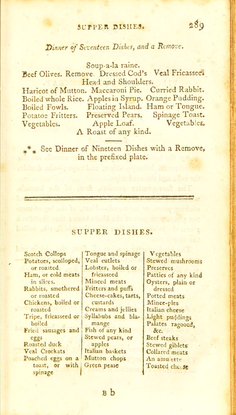 SUPPER. dishes 2^9 Dinner of Seventeen Dishts, and a Remove. Soup-a-la raine. Beef Olives. Remove. Dressed Cod’s Veal Fricassee'S Head and Shoulders. Haricot of Mutton. Maccaroni Pie. Curried Rabbit. Boiled whole Rice. Apples in Syrup. Orange Pudding. Boiled Fowls. Floating Island. Ham or Tongue. Potatoe Fritters. Preserved Pears. Spinage Toast. Vegetables. Apple Loaf. Vegetables, A Roast of any kind. See Dinner of Nineteen Dishes with a Remove, in the prefixed plate. SUPPER DISHES. Scotch Collops Potatoes, scolloped, or roasted Ham, or cold meats in slices. Rabbits, smothered or roasted Chickens, boiled or roasted Tripe, fricasseed or j boiled Fried sausages and eggs Roasted duck Veal Crockats Poached eggs on a toast, or with j spinage | Tongue and spinage Veal cutlets Lobster, boiled or fricasseed Minced meats Fritters and puffs Cheese-cakes, tarts, custards Creams and jellies i Syllabubs and bla- mange Fish of any kind Stewed pears, or apples Italian baskets Mutton chops Green pease V cgetables Stewed mushrooms Preserves Patties of any kind Oysters, plain or dressed Potted meats Mince-pies Italian cheese Light pucjdings Palates ragooed, 8c c. Beef steaks Stewed giblets Collared meats An amuiette Toasted chc.se b b