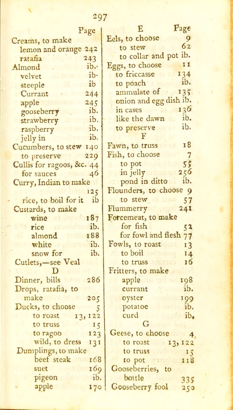 Page Creams, to make lemon and orange 242 ratafia 243 Almond ib.* velvet ib* steeple ib Currant 244 apple 245 gooseberry ib. strawberry ib. raspberry ib. jelly in ib. Cucumbers, to stew 140 to preserve 229 Cullis for ragoos, &c. 44 for sauces 46 Curry, Indian to make 125 rice, to boil for it ib Custards, to make wine 187 rice ib. almond 188 white ib. snow for ib. Cutlets,—see Veal D Dinner, bills 286 Drops, ratafia, to make 205 Ducks, to choose 5 to roast 13 , 122 to truss 15 to ragoo 123 wild, to dress 131 Dumplings, to make beef steak 168 suet 169 pigeon ib. apple 170 E Page Eels, to choose 9 to stew 62 to collar and pot ib. Eggs, to choose 11 to friccasse 134 to poach ib. ammulate of *3? onion and egg dish ib. in cases 136 like the dawn ib. to preserve ib. F Fawn, to truss 18 Fish, to choose 7 to pot S$ in jelly 25 6 pond in ditto ib. Flounders, to choose 9 to stew 57 Flummerry 241 Forcemeat, to make for fish 52 for fowl and flesh 77 Fowls, to roast i3 to boil 14 to truss 16 Fritters, to make apple 198 currant ib. oyster J99 potatoe ib. curd ib. G Geese, to choose 4, to roast 1 3> 122 to truss lS to pot 118 Gooseberries, to bottle 335 Gooseberry fool 250