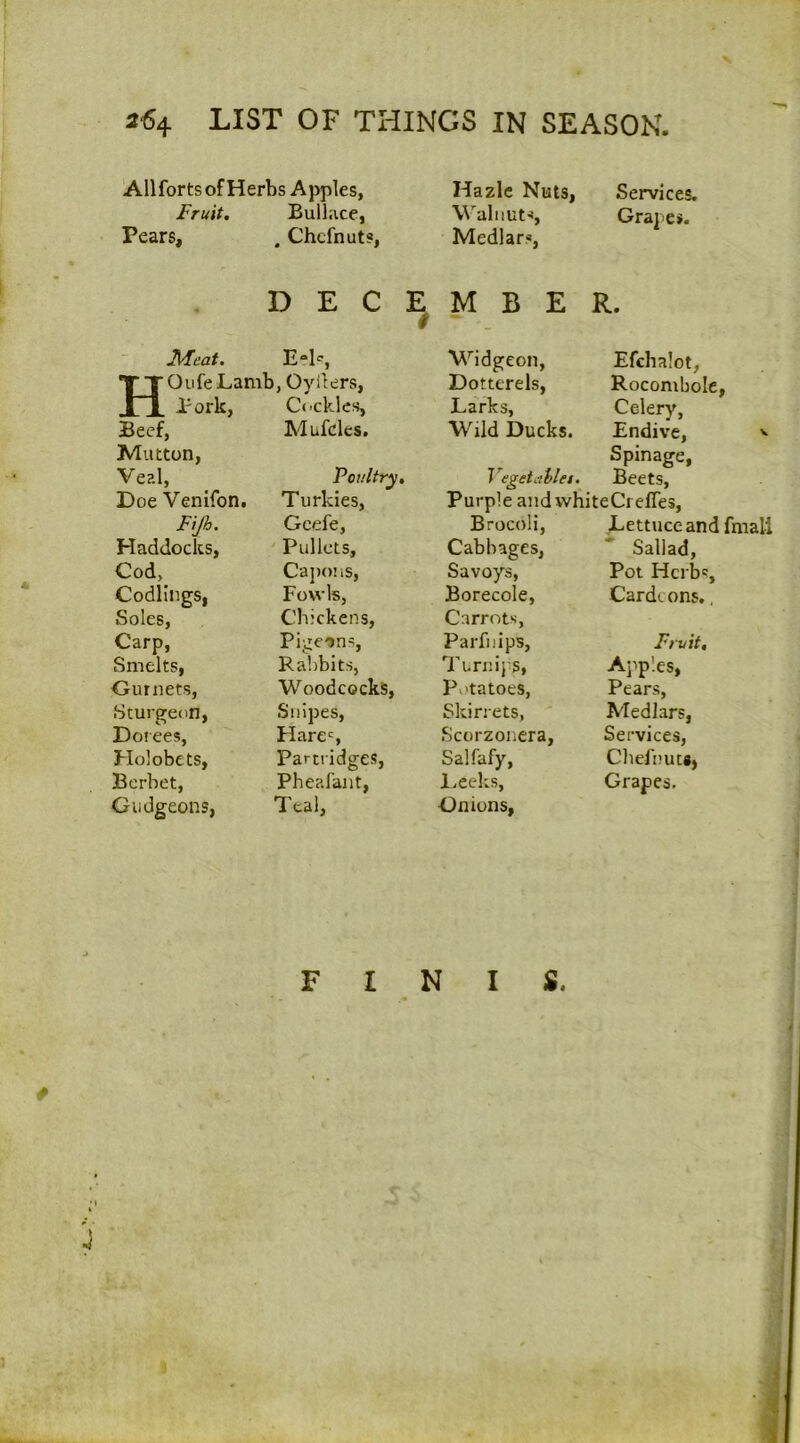 3«4 LIST OF THINGS IN SEASON. All forts of Herbs Apples, Fruit. Bulhice, Pears, . Chcfnut?, Hazle Nuts, W^aliiut-s, Medlar*, Services, Grapes. DECEMBER. t H Beef, Meat. Eeb Oufe Lamb, Oyilers, Pork, Mutton, Ve?.l, Doe Venifon. FJh. C<'cklcs, Mufdts. Poultry, Turkies, Gcefe, Widgeon, Dotterels, Larks, Wild Ducks. Vegetahlet. Efchalot, Rocombole, Celery, Endive, Spinage, Beets, Purple and whiteCrefles, Brocoli, Lettuce andfmali Haddocks, ' Pullets, Cabbages, ' Sallad, Cod, Capons, Savoys, Pot Herb®, Codlings, Soles, Fowls, Chickens, Borecole, Carrots, Cardcons., Carp, Pigeons, Par flips, Frvit, Smelts, Raljbits, Woodcocks, Turnips, Aj^ples, Gurnets, Pv)tatoes, Pears, Sturgeon, Snipes, Skirrets, ' Medlars, Dorees, Hares Scorzonera, Services, Elolobets, Partridges, Salfafy, Chefiuu®, Berbet, Gudgeons, Pheafant, Teal, Leeks, Gnions, Grapes. FINIS.