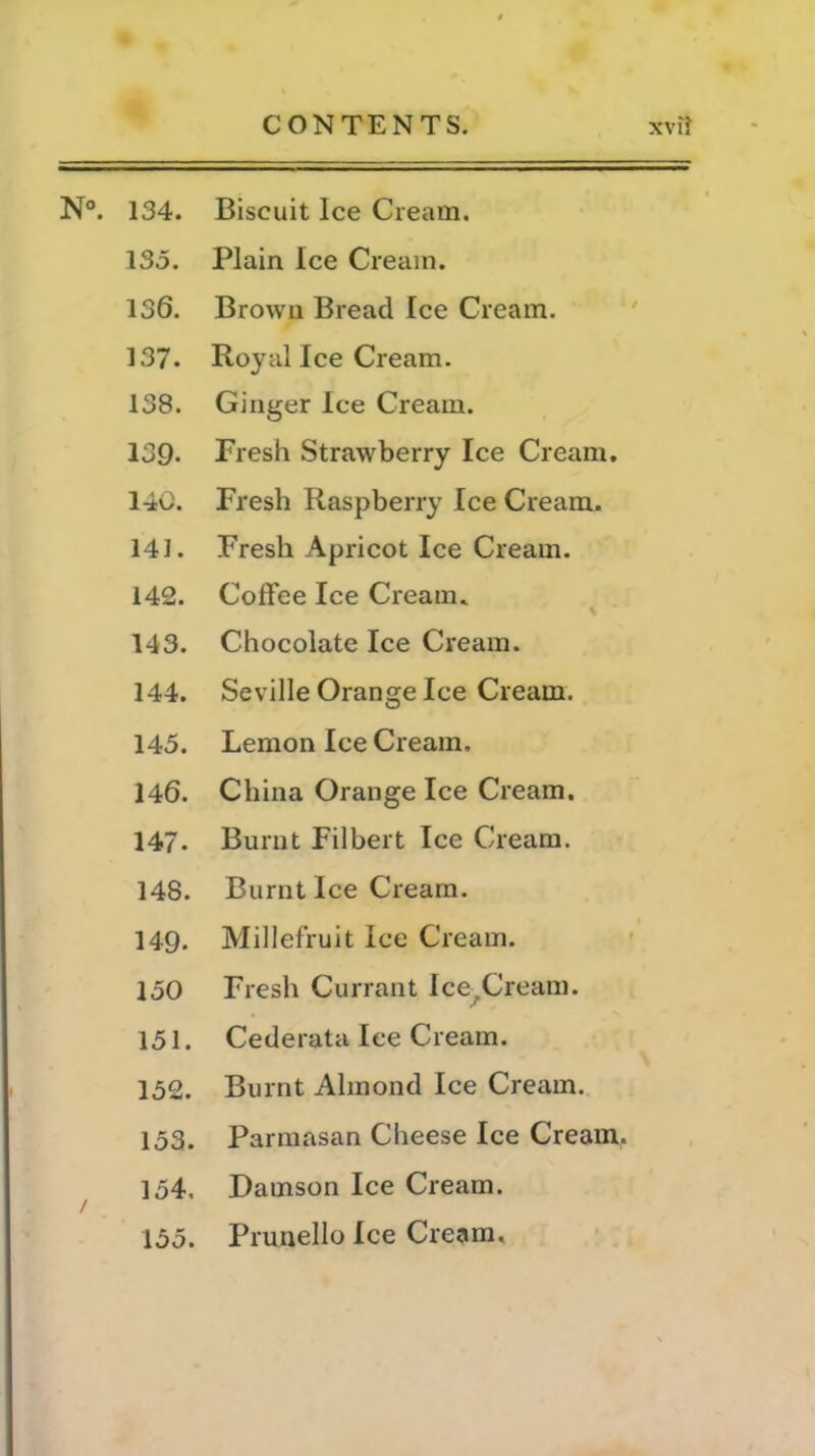 N°. 134. 135. 136. 137. 138. 139- 140. 141. 142. 143. 144. 145. 146. 147- 148. 149- 150 151. 152. Biscuit Ice Cream. Plain Ice Cream. Brown Bread Ice Cream. Royal Ice Cream. Ginger Ice Cream. Fresh Strawberry Ice Cream. Fresh Raspberry Ice Cream. Fresh Apricot Ice Cream. Coffee Ice Cream. Chocolate Ice Cream. Seville Orange Ice Cream. Lemon lee Cream, China Orange Ice Cream. Burnt Filbert Ice Cream. Burnt Ice Cream. Millefruit Ice Cream. Fresh Currant Ice-Cream. Cederata lee Cream. Burnt Almond Ice Cream. 153. Parmasan Cheese Ice Cream. 154, Damson Ice Cream. 155. Prunello Ice Cream.