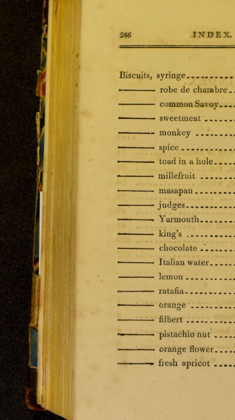 Biscuits, syringe.. * robe de chambre. common Savoy.. . — sweetmeat monkey spice — ■ toad in a hole • millefruit ■ masapan judges — Yarmouth — king’s chocolate ■ Italian water lemon ratafia ... orange filbert —pistachio nut ■ orange flower ■ fresh apricot ....