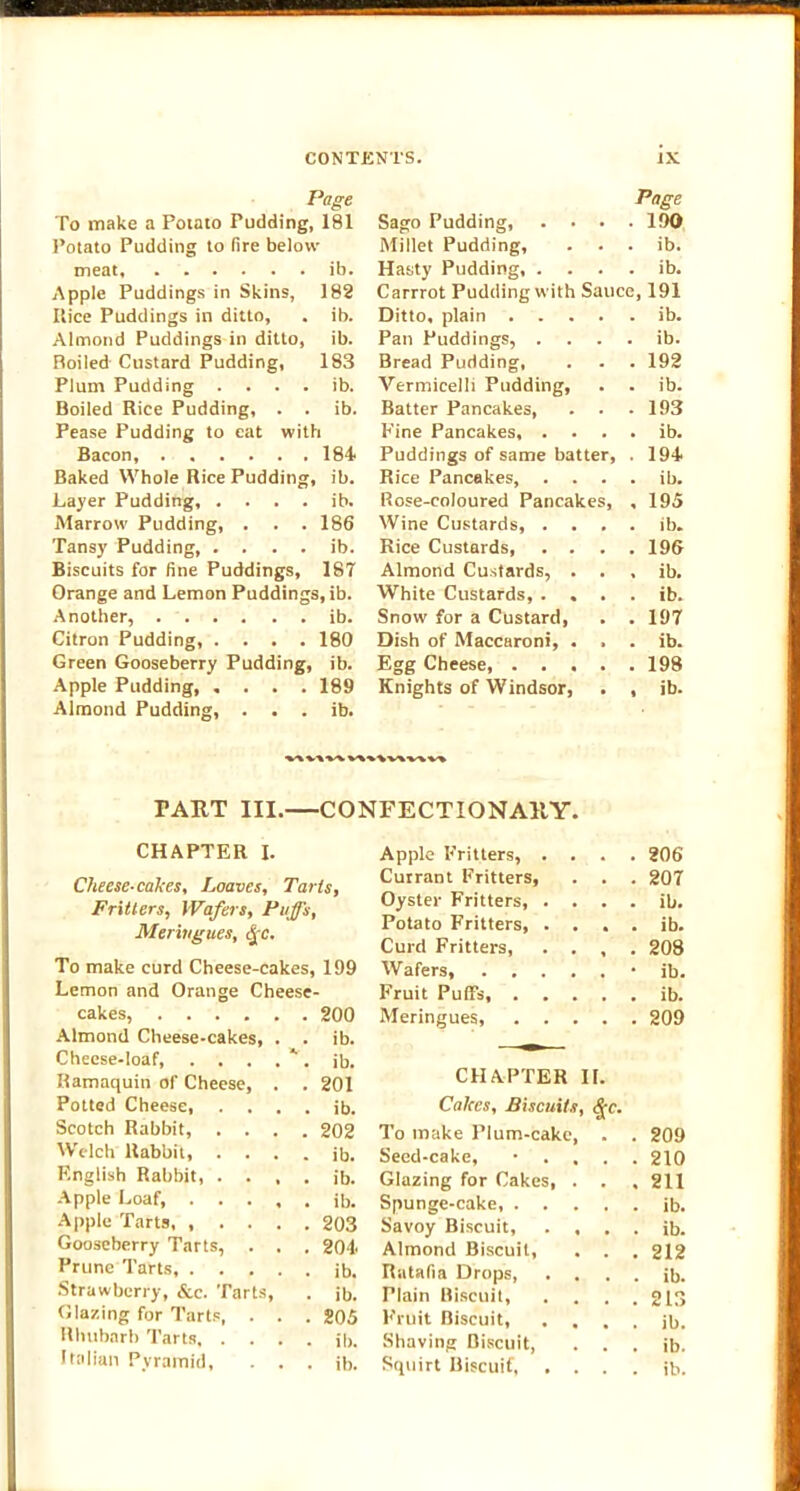 Page Page To make a Potato Pudding, 181 Sago Pudding, . . . 190 Potato Pudding to fire below Millet Pudding, . ib. meat, ib. Hasty Pudding, . . . ib. Apple Puddings in Skins, 182 Carrrot Pudding with Sauce, 191 Rice Puddings in ditto. ib. Ditto, plain . . . . ib. Almond Puddings in ditto, ib. Pan Puddings, . . ib. Boiled Custard Pudding, 183 Bread Pudding, . 192 Plum Pudding .... ib. Vermicelli Pudding, . ib. Boiled Rice Pudding, . . ib. Batter Pancakes, . 193 Pease Pudding to eat with Fine Pancakes, . . . ib. Bacon, 184 Puddings of same batter, . 194 Baked Whole Rice Pudding, ib. Rice Pancakes, . ib. Layer Pudding, .... ib. Rose-coloured Pancakes, , 195 Marrow Pudding, . . . 186 Wine Custards, . . ib. Tansy Pudding, .... ib. Rice Custards, . . . 196 Biscuits for fine Puddings, 187 Almond Custards, . . ib. Orange and Lemon Puddings ,ib. White Custards, . . . ib. Another, ib. Snow for a Custard, . 197 Citron Pudding, .... 180 Dish of Maccaroni, . . ib. Green Gooseberry Pudding, ib. Egg Cheese, . . . . 198 Apple Pudding, .... 189 Knights of Windsor, , ib. Almond Pudding, . . . ib. mv\v%v\«%v\v\v« TART III.—CONFECTIONARY CHAPTER I. Cheese-cakes, Loaves, Tails, Fritters, Wafers, Faffs, Meringues, gc. To make curd Cheese-cakes, 199 Lemon and Orange Cheese- cakes, Almond Cheese-cakes, . . ib. Cheese-loaf, .... *. ib. Ramaquin of Cheese, . . 201 Potted Cheese, . ib. Scotch Rabbit, . . . . 202 Welch Rabbit, . . . . ib. English Rabbit, . . , . ib. Apple Loaf, .... . ib. Apple Tarts, .... . 203 Gooseberry Tarts, . . . 204 Prune Tarts . ib. Strawberry, &c. Tarts, . ib. Glazing for Tarts, . . . 205 Rhubarb Tarts, . . . . ib. Italian Pyramid, . . . ib. Apple Fritters, . . Currant Fritters, Oyster Fritters, . . Potato Fritters, . . Curd Fritters, . . Wafers, .... Fruit Puffs, . . . Meringues, . . . CHAPTER II. Cakes, Biscuits, <Jc. To make Plum-cake, Seed-cake, • . . Glazing for Cakes, . Spunge-cake, . . . Savoy Biscuit, . , Almond Biscuit, Ratafia Drops, . . Plain Biscuit, . . Fruit Biscuit, . . Shaving Biscuit, Squirt Biscuif, . . . 206 . 20T . ib. . ib. . 208 • ib. . ib. . 209 . 209 . 210 . 211 . ib. . ib. . 212 . ib. . 213 . ib. . ib. . ib.