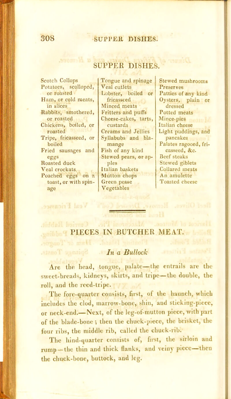 SUPPER DISHES. Scotch Collops Potatoes, scolloped, or roasted Ham, or cold meats, in slices Rabbits, smothered, or roasted Chickens, boiled, or roasted Tripe, fricasseed, or boiled Fried sausages and eggs Roasted duck. Veal crockats Poached eggs on a toast, or with spin- age Tongue and spinage Veal cutlets Lobster, boiled or fricasseed Minced meats Fritters and puffs Cheese-cakes, tarts, custards Creams and Jellies Syllabubs and bla- mange Fish of any kind Stewed pears, or ap- ples Italian baskets Mutton chops Green pease Vegetables Stewed mushrooms Preserves Patties of any kind Oysters, plain or dressed Potted meats Mince-pies Italian cheese Light puddings, and pancakes Palates ragooed, fri- casseed, &c. Beef steaks Stewed giblets Collared meats An amulette Toasted cheese PIECES IN BUTCHER MEAT. In a Bullock Are the head, tongue, palate—the entrails are the sweet-breads, kidneys, skirts, anti tripe—the double, the roll, and the reed-tripe. The fore-quarter consists, first, of the haunch, which includes the clod, marrow-bone, shin, and sticking-piece, or neck-end.— Next, of the leg-of-mutton piece, with part of the blade-bone; then the chuck-piece, the brisket, the four ribs, the middle rib, called the chuck-rib. The hind-quarter consists of, first, the sirloin and rump—the thin and thick flanks, and veiny piece—then the chuck-bone, buttock, and leg.