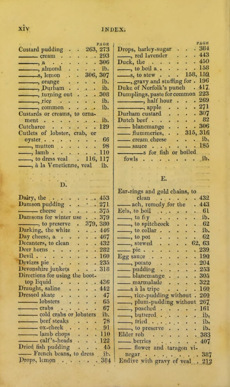 Custard pudding . cream . . PAGE 263, 273 . . 293 . . anti , almond . , # ib. s, lemon 306, 307 , orange • • ib. , Durham . .. • ib. , turning out .« • 308 —, rice • • • • ib. , common . .• .• ib. Custards or creams, to orna- ment .... Cutcharee . . . 129 Cutlets of lobster, crab, or oyster..... 66 , mutton . . . , 98 , lamb . 110 , to dress veal 116, 117 , a la Venetienne, veal ib. D. Dairy, the . . . * M* 453 Damson pudding . • 271 cheese . . 375 Damsons for winter use . . 379 , to preserve Darking, the white 379, 380 • . 446 Day cheese, a . . . » 467 Decanters, to clean • . 432 Deer horns . . . 282 Devil 160 Devizes pie . . . 235 Devonshire junkets « . 318 Directions for using the 300t- top liquid . . • « 436 Draught, saline • . 442 Dressed skate . . , , 47 lobsters , , 0*5 crabs . . . . 67 cold crabs or lobsters ib. beef steaks , , 78 ox-cheek . , . 91 lamb chops . . 110 calf’s-heads , . 122 Dried fish pudding • . 45 French beans, to dress ib. Props, lemon . . . • . 384 PAGU Drops, barley-sugar . . . 384 , red lavender . . . 443 Duck, the 450 , to boil a 158 s, to stew . . . 158, 159. , gravy and stuffing for . 196 Duke of Norfolk’s punch . 417 Dumplings, paste for common 223 , half hour . . • 269 , apple . . . .271 Durham custard .... 307 Dutch beef 82 blancmange .... 306 flummeries, . . 315, 316 cream cheese . . . ib, sauce . ... . . • 185 s for fish or boiled fowls ib. E. Ear-rings and gold chains, to clean 432 ach, remedy for the . 443 Eels, to boil ... . . . 61 , to fiy ib. , to spitchcock ... 62 to collar ib. , to pot 62 , stewed .... 62, 63 pie 239 Egg sauce 190 , potato 204 pudding 253 blancmange .... 305 marmalade .... 322 s a la tripe .... 160 , rice-pudding without . 260 , plum-pudding without 267. , poached 161 , buttered . . . . . ib. , fried ...... . . ib. , to preserve . . . . ib. Elder rob 383 berries ... . . . 407 flower and taragon vi- negar . . . . . . . . 387 Endive with gravy of veal . 212