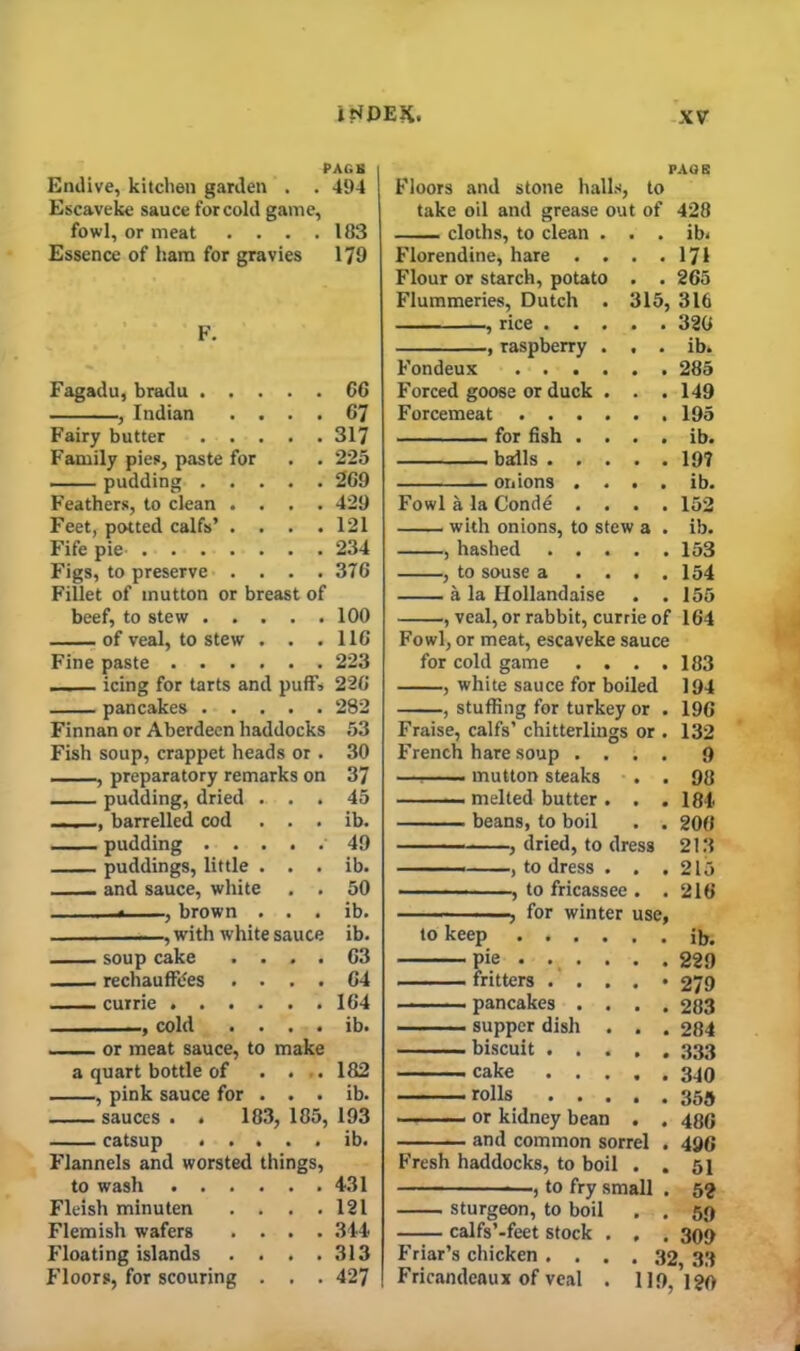 PAGE PAGE Endive, kitchen garden , # 494 Floors and stone halls to Escaveke sauce for cold game, take oil and grease out of 428 fowl, or meat . . . . 183 cloths, to clean . # , ib. Essence of ham for gravies 179 Florendine, hare . . • • 171 Flour or starch, potato • 265 Flummeries, Dutch . 315, 316 , rice . . . • • 326 , raspberry . , • ib. Fondeux .... 285 Fagadu, bradu . . . . • 66 Forced goose or duck . • • 149 , Indian . . • • 67 Forcemeat .... 195 Fairy butter . . . • . 317 for fish . . • • ib. Family pies, paste for • 225 balls . . . • • 197 pudding . . . • . 269 onions . . • • ib. Feathers, to clean . . • • 429 Fowl a la (Jond6 . . • • 152 Feet, potted calfs’ . . • • 121 with onions, to stew a . ib. Fife pie 234 , hashed . . . • • 153 Figs, to preserve . . • • 376 , to souse a . . • • 154 Fillet of mutton or breast of a la Hollandaise , , 155 beef, to stew . . . • • 100 , veal, or rabbit, currie of 164 of veal, to stew Fine paste . . . icing for tarts and puffs pancakes Finnan or Aberdeen haddocks Fish soup, crappet heads or. , preparatory remarks on pudding, dried . . . . . barrelled cod . . . pudding ' puddings, little . • . — and sauce, white . . , -* , brown . . . -, with white sauce soup cake rechauffdes curne cold or meat sauce, to make a quart bottle of .... , pink sauce for . . . sauces . . 183, 185, catsup ..... Flannels and worsted things, to wash Fleish minuten .... Flemish wafers .... Floating islands .... Floors, for scouring . . . 11C 223 226 282 53 30 37 45 ib. 49 ib. 50 ib. ib. 63 64 164 ib. 182 ib. 193 ib. 431 121 344 313 427 Fowl, or meat, escaveke sauce for cold game .... , white sauce for boiled , stuffing for turkey or . Fraise, calfs’ chitterlings or . French hare soup . . . . mutton steaks . . melted butter . . . beans, to boil . . , dried, to dress , to dress . . . , to fricassee . . , for winter use, 183 194 196 132 9 98 184 206 213 215 216 pie . ., . . . .229 fritters ..... 279 pancakes .... 283 supper dish . . . 284 biscuit 333 cake 340 rolls 353 or kidney bean . . 480 and common sorrel . 496 Fresh haddocks, to boil . . 51 , to fry small . 52 sturgeon, to boil . . 59 calfs’-feet stock . , . 309 Friar’s chicken . . . . 32 33 Fricandeaux of veal . 119,120