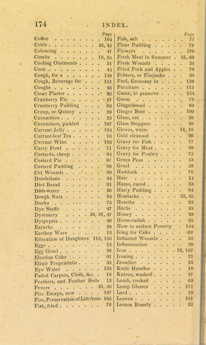 Page Coffee 104 Colds 32, '45 Colouring 47 Combs . . . . . . . 10,20 Cooling Ointments .... 31 Corn 43 Cougb, for a 150 Cough, Beverage for . . . 151 Coughs 40 Court Plaster ' 20 Cranberry Pie i 87 Cranberry Pudding ... 82 Croup, or Quincy .... 29 Cucumbers 23 Cucumbers, pickled . . . 107 Currant Jelly 103 Currant-leaf Tea 10 ,Currant Wine 103 Curry Fowl ...... 71 Custards, cheap 84 Custard 'Pie 87 Custard Pudding .... SO Cut Wounds ...... 29 Dandelions 43 Diet Bread 91 Dish-water 20 Dough Nuts 94 Ducks ........ 72 Dye Stuffs 47 Dysentery . . . .30,31,47 Dyspepsia 40 Earache 28 Earthen Ware 12 Education of Daughters 115, 150 Eggs 12 Egg Gruel 38 Election Cake 91 Elixir Proprietatis .... 35 Eye Water 152 Faded Carpets, Cloth, &c. . in Feathers, and Feather Beds 13 Fevers 35,40 Fire Escape, new .... 107 Fire, Preservation of Life from 105 Fish, fried ....... TO Page Fish, salt 77 Flour Pudding 79 Flowers 170 Fresh Meat in Summer . 21, 00 Fresh Wounds 34 Fried Pork and Apples . . 78 Fritters, or Fiatjacks . : . 95 Fuel, Economy in ... . 158 Furniture 113 Game, to preserve .... 154 Geese 72 Gingerbread 89 Ginger Beer 109 Glass, cut 20 Glass Stoppers ..... 20 Gloves, white . . . . 11,10 Gold cleansed 20 Gravy for Fish 77 Gravy for Meat 08 Gravy for Poultry .... 75 Green Peas 43 Gruel 38 Haddock 70 Hair ........ 14 Hams, cured 53 Hasty Pudding 84 Headache 32, 45 Heardis 23 Herbs 45 Honey 28 Horse-radish 22 How to endure Poverty . 144 Icing for Cake 02 Inllamed Wounds .... 35 Inflammation 29 Iron 12, 107 Ironing 21 Jaundice 35 Knife Handles in Kn i ves, washed' 17 Lamb, cooked 03 Lamp Glasses 171 Lard IS Leaven 101 Lemon Brandy 22
