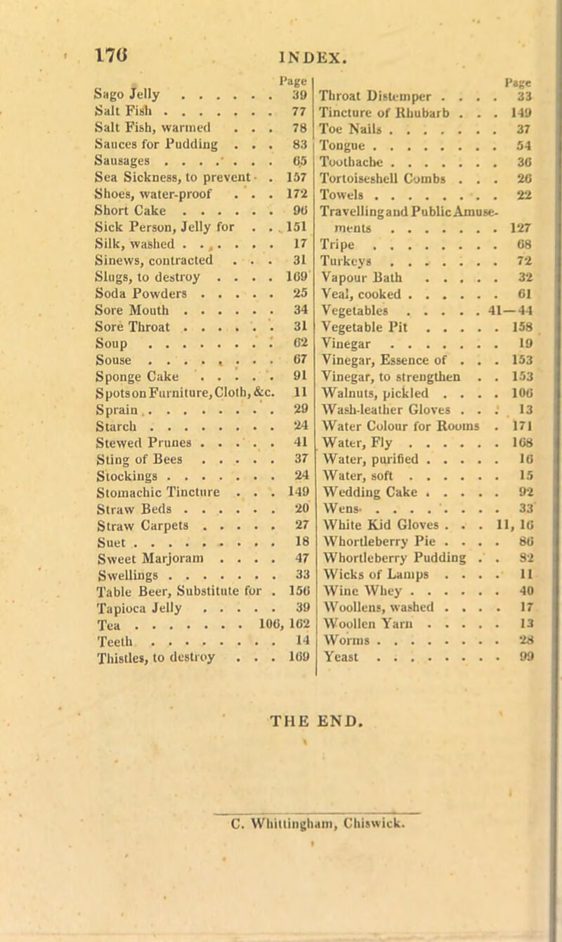 Page Sago Jelly 39 Salt Fisli 77 Salt Fish, warmed ... 78 Sauces for Pudding ... 83 Sausages 05 Sea Sickness, to prevent . 157 Shoes, water-proof . . . 172 Short Cake 9(i Sick Person, Jelly for ... 151 Silk, washed ....... 17 Sinews, contracted ... 31 Slugs, to destroy .... 109 Soda Powders 25 Sore Mouth 34 Sore Throat 31 Soup 1 02 Souse ........ 07 Sponge Cake 91 SpotsonFurniture,Cloth,&c. 11 Sprain 29 Starch 24 Stewed Prunes ..... 41 Sling of Bees 37 Stockings 24 Stomachic Tincture . . . 149 Straw Beds 20 Straw Carpets 27 Suet . . . 18 Sweet Marjoram .... 47 Swellings 33 Table Beer, Substitute for . 150 Tapioca Jelly 39 Tea 100, 102 Teeth 14 Thistles, to destroy ... 109 Page Throat Distemper .... 33 Tincture of Rhubarb . . . 149 Toe Nails 37 Tongue 54 Toothache 30 Tortoiseshell Combs ... 20 Towels 22 Travellingand PublicAmuse- ments 127 Tripe 08 Turkeys . . , . . . . 72 Vapour Bath 32 Veal, cooked 01 Vegetables 41—44 Vegetable Pit 158 Vinegar 19 Vinegar, Essence of . . . 153 Vinegar, to strengthen . . 153 Walnuts, pickled .... 100 Wash-leather Gloves ... 13 Water Colour for Rooms . 171 Water, Fly 108 Water, purified 1G Water, soft 15 Wedding Cake 92 Wens. ........ 33 White Kid Gloves . . . 11, 10 Whortleberry Pie .... 80 Whortleberry Pudding . . 82 Wicks of Lamps .... 11 Wine Whey 40 W oollens, washed .... 17 Woollen Yarn 13 Worms 28 Yeast 99 THE END. C. Whittinghain, Chiswick.