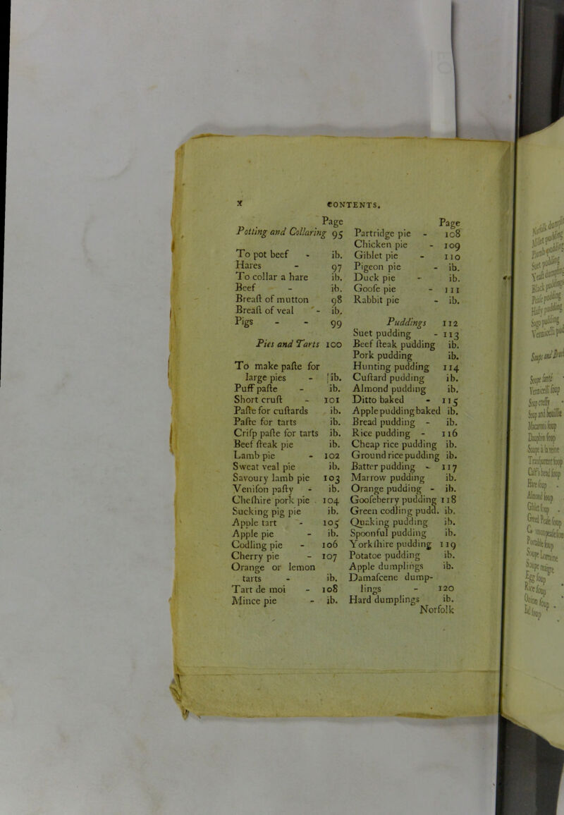 J t j;/' t Page Potting and Collaring 95 To pot beef ib. Hares 97 To collar a hare ib. Beef ib. Breaft of mutton 98 Breafl of veal ib. Pigs 99 Pies and Tarts 100 To make pafte for large pies Jib. Puff pafle ib. Short cruft 101 Paftie for cuftards ib. Pafte for tarts ib. Crifp pafte for tarts ib. Beef fteak pie ib. Lamb pie 102 Sweat veal pie ib. Savoury lamb pie 103 yenifon pafty ib. Cheftiire pork pie . 104 Sucking pig pie ib. Apple tart , 105 Apple pie ib. Codling pie 106 Cherry pie 107 Orange or lemon ■ tarts ib. Tart de moi 108 Mince pie ib. Page Partridge pie - 108 Chicken pie - 109 Giblet pic - no Pigeon pie - ib. Duck pie '• ib. Goofe pie - 111 Rabbit pie - ib. Puddings 112 Suet pudding -113 Beef fteak pudding ib. Pork pudding ib. Hunting pudding 114 Cuftard pudding ib. Almond pudding ib. Ditto baked - 115 Apple pudding baked ib. Bread pudding - ib. Rice pudding - 116 Cheap rice pudding ib. Ground rice pudding ib. Batter pudding - 117 Marrow pudding ib. Orange pudding - ib. Goofeberry pudding 118 Green codling pudd. ib. Quaking pudding ib. Spoonful pudding ib. York (hire pudding 119 Potatoe pudding ib. Apple dumplings ib. Damafcene dump- lings - 120 Hard dumplings ib. Norfolk S’ r