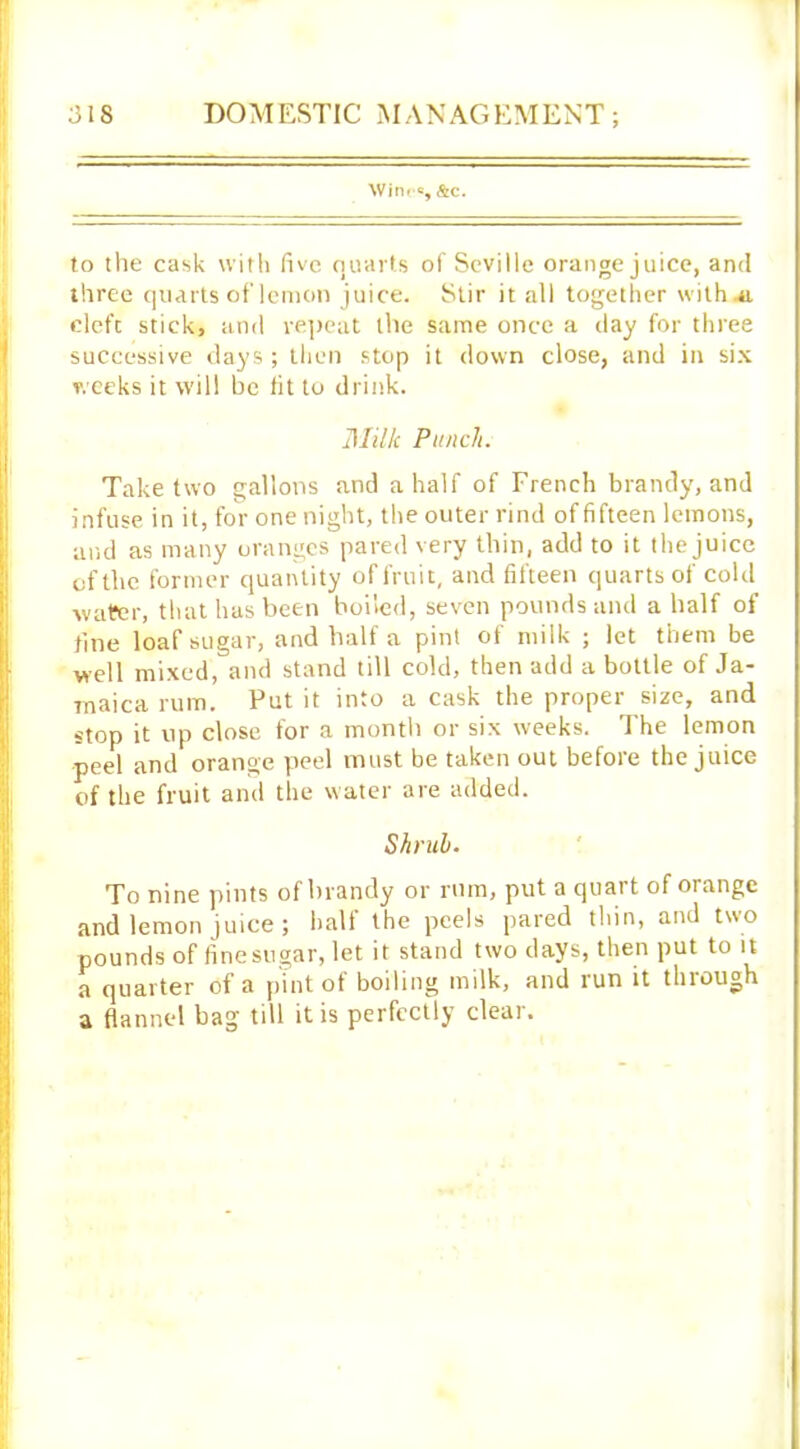 31S DO M ESTIC MAN AG E M ENT; Wirw c, &c. to the cask with five quarts of Seville orange juice, and three quarts of lemon juice. Stir it all together withai clefc stick, and repeat the same once a day for three successive days; then stop it down close, and in six weeks it will be fit to drink. Milk Punch. Take two gallons and a half of French brandy, and infuse in it, for one night, the outer rind of fifteen lemons, and as many oranges pared very thin, add to it the juice of the former quantity of fruit, and fifteen quarts of cold wafer, that has been boiled, seven pounds and a half of fine loaf sugar, and half a pint of milk ; let them be well mixed, and stand till cold, then add a bottle of Ja- maica rum. Put it into a cask the proper size, and stop it up close for a month or six weeks. The lemon peel and orange peel must be taken out before the juice of the fruit and the water are added. Shruh• To nine pints of brandy or rum, put a quart of orange and lemon juice ; hall the peels pared thin, and two pounds of fine sugar, let it stand two days, then put to it a quarter of a pint of boiling milk, and run it thiough a flannel bag till it is perfectly clear.