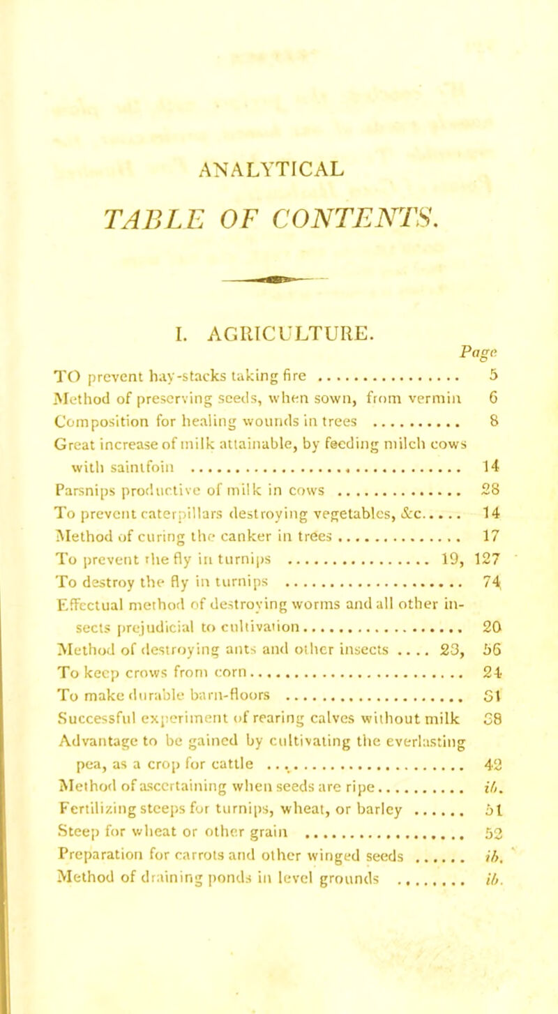 ANALYTICAL TABLE OF CONTENTS. I. AGRICULTURE. Pago. TO prevent hay-stacks taking fire 5 Method of preserving seeds, when sown, from vermin 6 Composition for healing wounds in trees 8 Great increase of milk attainable, by feeding milch cows with saintfoin 14 Parsnips productive of milk in cows 28 To prevent caterpillars destroying vegetables, &c 14 Method of curing the canker in trees 17 To prevent the fly in turnips 19, 127 To destroy the fly in turnips 74, Effectual method of destroying worms and all other in- sects prejudicial to cultivation 20 Method of destroying ants and other insects .... 23, 66 To keep crows from corn 24 To make durable barn-floors 51 Successful experiment of rearing calves without milk 58 Advantage to be gained by cultivating the everlasting pea, as a crop for cattle 42 Method of ascertaining when seeds are ripe ih. Fertilizing steeps for turnips, wheat, or barley 5 1 Steep for wheat or other grain 52 Preparation for carrots and other winged seeds ih. Method of draining ponds in level grounds ih.