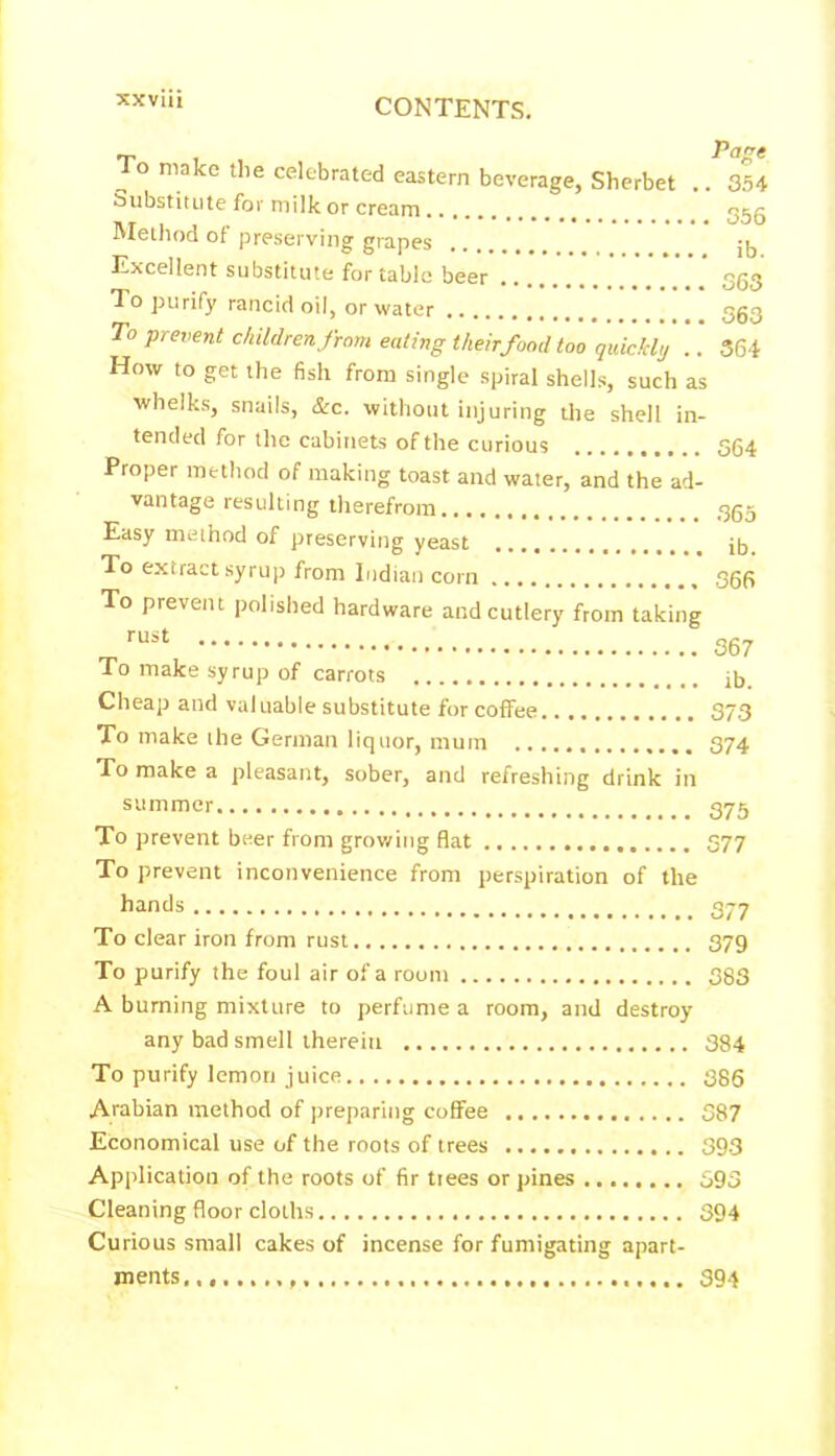 To make the celebrated eastern beverage, Sherbet .. 354 Substitute for milk or cream 355 Method of preserving grapes jj, Excellent substitute for table beer S63 To purify rancid oil, or water 353 To prevent children from eating their food too quickly .. 364 How to get the fish from single spiral shells, such as whelks, snails, &c. without injuring the shell in- tended for tlte cabinets of the curious 564 Proper method of making toast and water, and the ad- vantage resulting therefrom 355 Easy method of preserving yeast ib To extract syrup from Indian com 566 To prevent polished hardware and cutlery from taking rust 367 To make syrup of carrots jb Cheap and valuable substitute for coffee 373 To make the German liquor, mum 374 To make a pleasant, sober, and refreshing drink in summer 375 To prevent beer from growing flat 577 To prevent inconvenience from perspiration of the hands 377 To clear iron from rust 379 To purify the foul air of a room 383 A burning mixture to perfume a room, and destroy any bad smell therein 384 To purify lemon juice 386 Arabian method of preparing coffee 387 Economical use of the roots of trees 393 Application of the roots of fir tiees or pines 593 Cleaning floor cloths 394 Curious small cakes of incense for fumigating apart- ments,. 394