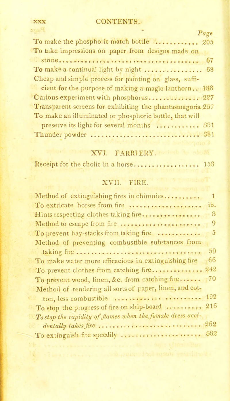 Page To make the phosphoric match bottle 205 To take impressions on paper from designs made on stone 67 To make a continual light by night 68 Cheap and simple process for painting on glass, suffi- cient for the purpose of making a magic lanthorn.. 188 Curious experiment with phosphorus 227 Transparent screens for exhibiting the phantasmagoria 257 To make an illuminated or phosphoric bottle, that will preserve its light for several months 331 Thunder powder 381 XVI. FARRIERY. Receipt for the cholic in a horse 158 XVII. FIRE. Method of extinguishing fires in chimnies 1 To extricate horses from fire ib. Hints respecting clothes taking fire 3 Method to escape from fire 9 To prevent hay-stacks from taking fire 5 Method of preventing combustible substances from taking fire 59 To make water more efficacious in extinguishing fire 66 To prevent clothes from catching fire * 242 To prevent wood, linen, &c, from catching fire 70 Method of rendering all sorts of paper, linen, and cot- ton, less combustible 132 To stop the progress of fire on ship-board 216 To stop the rapidity ofJlames when the female dress acci- dentally takes fire 262 To extinguish five speedily $82