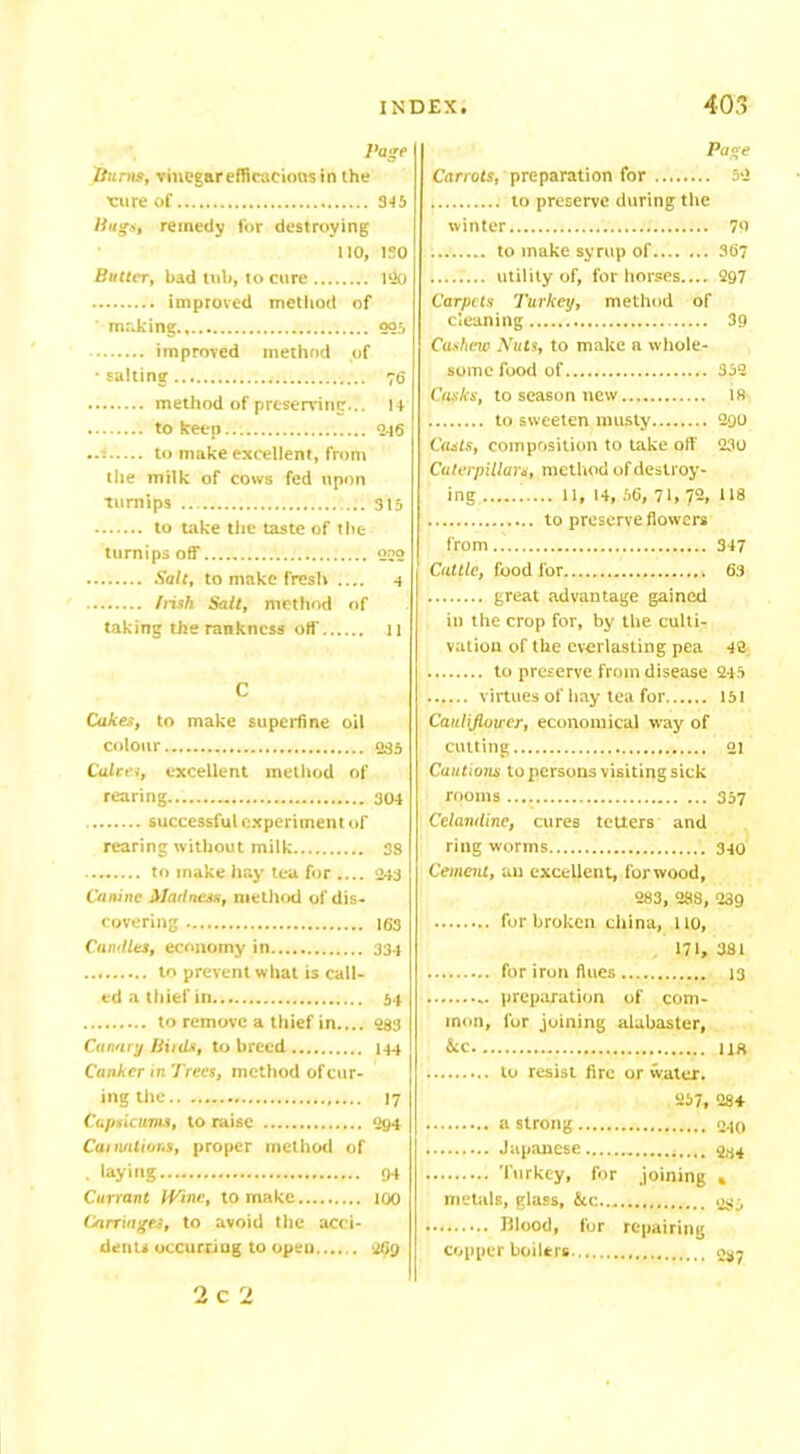 Page Burns, vinegar efficacious in the xrure of 345 Buga, remedy for destroying no, iso Butter, bad tub, to cure 120 improved method of making 295 improved method of •salting 76 method of preserving... 14 to keep 046 • : to make excellent, from the milk of cows fed upon turnips 315 to take the taste of the turnips off 222 Salt, to make fresh .... 4 Irish Salt, method of taking the rankness off 11 C Cakes, to make superfine oil colour 235 Calces, excellent method of rearing 304 successful experiment of rearing without milk 38 to make hay tea for .... 243 Canine Madness, method of dis- covering 163 Candles, economy in 334 to prevent what is call- ed a thief in 54 to remove a thief in.... 283 Canary Minis, to breed 144 Canker tn Trees, method of cur- ing the 17 Capsicums, to raise 294 Carnations, proper method of . laying... 94 Currant IVine, to make 100 Carriages, to avoid the acci- dents occurring to open 269 Page Carrots, preparation for 5*2 to preserve during the winter 79 to make syrup of 367 utility of, for horses.... 297 Carpets Turkey, method of cleaning 39 Cashew Nuts, to make n whole- some food of 352 Casks, to season new 18 to sweeten musty 290 Casts, composition to take off 230 Caterpillars, method of destroy- ing 11, 14, 56, 71, 72, 118 to preserve flowers from 347 Cattle, food lor . 63 great advantage gained in the crop for, by the culti- vation of the everlasting pea 42 to preserve from disease 245 virtues of hay tea for 151 Cauliflower, economical way of cutting 21 Cautions to persons visiting sick rooms 357 Celandine, cures tetters and ring worms 340 Cement, an excellent, for wood, 283, 288, 239 for broken china, 110, 171, 381 for iron flues 13 preparation of com- mon, for joining alabaster, . 118 to resist fire or water. 257, 284 a strong 210 Japanese 284 Turkey, for joining * metals, glass, &c... 285 Blood, for repairing copper boilers 03 7 2 C 2