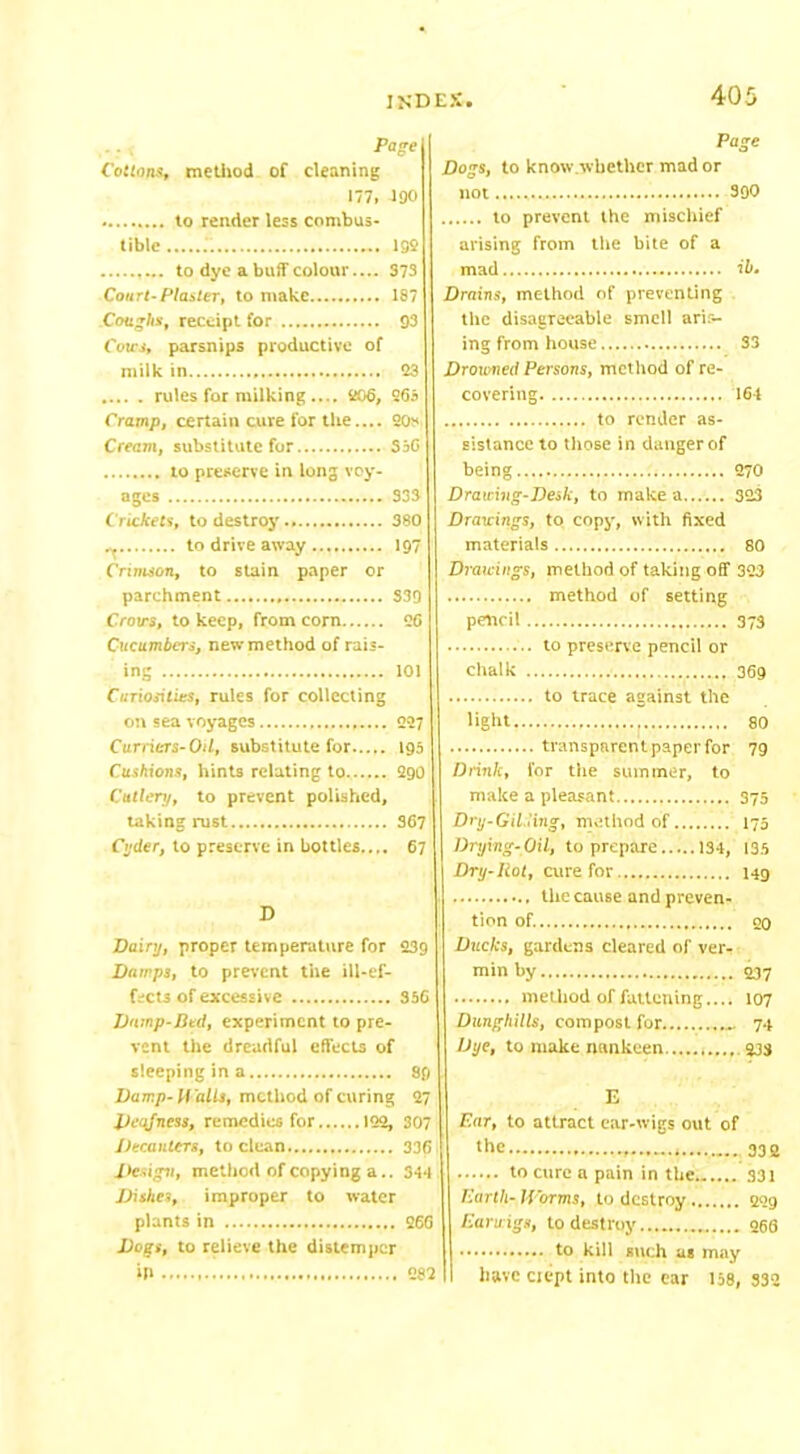 Page Cottons, method of cleaning 177, 490 to render less combus- tible 1SS to dye a buff colour.... 373 Court-Plaster, to make 187 Coughs, receipt for 93 Cotes, parsnips productive of milk in 93 rules for milking.... 206, 265 Cramp, certain cure lor the.... 20 Cream, substitute for 356 to preserve in long voy- ages 333 Crickets, to destroy.. 380 ^ to drive away 197 Crimson, to stain paper or parchment 339 Crows, to keep, from com 26 Cucumbers, new method of rais- ing 101 Curiosities, rules for collecting on sea voyages 227 Curriers-Oil, substitute for 195 Cushions, hints relating to 290 Cutlery, to prevent polished, taking rust 367 Cyder, to preserve in bottles.... 67 D Dairy, proper temperature for 239 Damps, to prevent the ill-ef- fects of excessive 356 Dump-Bed, experiment to pre- vent the dreadful effects of sleeping in a 89 Damp- H alls, method of curing 27 Deafness, remedies for 122, 307 Decanters, to clean 336 Design, method of copying a.. 344 Dishes, improper to water plants in 266 Dogs, to relieve the distemper ip 405 Page Dogs, to know whether mad or not........ 390 to prevent the mischief arising from the bite of a mad ib. Drains, method of preventing the disagreeable smell aris- ing from house 33 Droumed Pevsons, method of re- covering 164 to render as- sistance to those in danger of being 270 Drawing-Desk, to make a 323 Drawings, to copy, with fixed materials 80 Drawings, method of taking off 323 method of setting pencil 373 to preserve pencil or chalk 369 to trace against the light , 80 transparen t paper for 79 Drink, for tiie summer, to make a pleasant 375 Dry-Gilding, method of 175 Drying-Oil, to prepare 134, 135 Dry-Hot, cure for 149 the cause and preven- tion of. eo Ducks, gardens cleared of ver- min by 237 method of fattening.... 107 Dunghills, compost for 74 Dye, to make nankeen 233 E Ear, to attract ear-wigs out of the 332 to cure a pain in the 331 Earth- Worms, to destroy 299 Earwigs, to destroy 266 to kill such as may I have ciept into the ear 158, 332 282