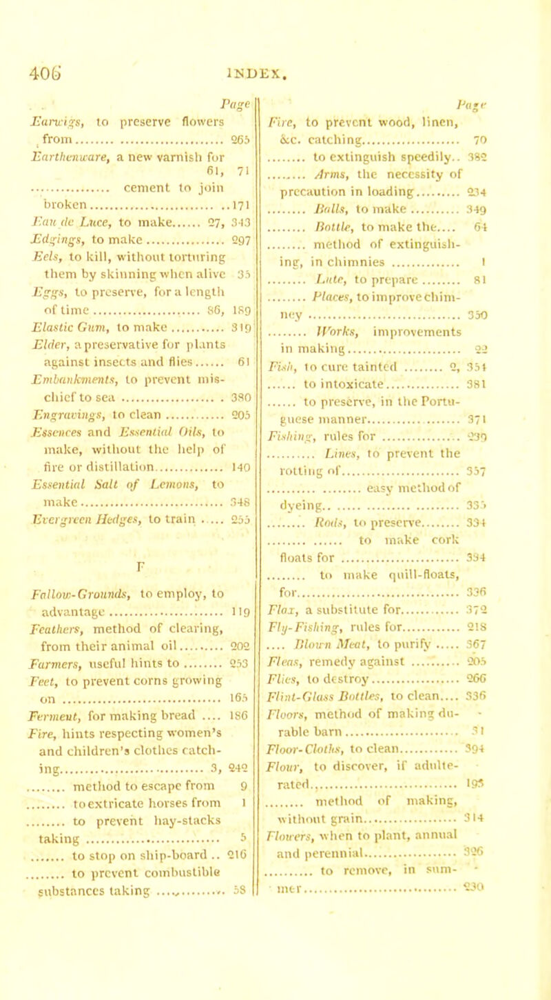 Page Earwigs, to preserve flowers . from 065 Earthenware, a new varnish for 61, 71 cement to join broken 171 Entitle Luce, to make 27, 3-13 Edgings, to make 297 Eels, to kill, without torturing them by skinning when alive 33 Eggs, to preserve, for a length of time 86, 189 Elastic Gum, to make 319 Elder, a preservative for plants against insects and flies 61 Embankments, to prevent mis- chief to sea 380 Engravings, to clean 203 Essences and Essential Oils, to make, without the help of fire or distillation 140 Essential Halt of Lemons, to make 348 Evergreen Hedges, to train ..... 233 r Fallow-Grounds, to employ, to advantage 1 119 Feathers, method of clearing, from their animal oil 202 Farmers, useful hints to 253 Feet, to prevent corns growing on 165 Ferment, for making bread — 186 Fire, hints respecting women’s and children’s clothes catch- ing 3, 242 method to escape from 9 to extricate horses from l to prevent hay-stacks taking 5 to stop on ship-hoard .. 216 to prevent combustible substances taking ..w 58 Page Fire, to prevent wood, linen, &c. catching 70 to extinguish speedily.. 382 Arms, the necessity of precaution in loading 214 Falls, to make 349 Dottle, to make the 64 method of extinguish- ing, in chimnies 1 Late, to prepare 81 Places, to improvechim- ney 350 Works, improvements in making 22 Fish, to cure tainted 2, 351 to intoxicate 381 to preserve, in the Portu- guese manner 3l Fishing, rules for 239 Lines, to prevent the rotting of 357 easy method of dyeing 335 Rods, to preserve 331 to make cork floats for 334 to make quill-floats, for 336 Flax, a substitute for 372 Fly-Fisliing, rules for 21S .... Blown Meat, to purify 367 Fleas, remedy against 205 Flies, to destroy 266 Flint-Glass Bottles, to clean.... 336 Floors, method of making du- rable barn 31 Floor-Cloths, to clean 394 Flour, to discover, if adulte- rated., 193 method of making, without grain 314 Flowers, when to plant, annual and perennial.... 326 to remove, in sum- mer 230