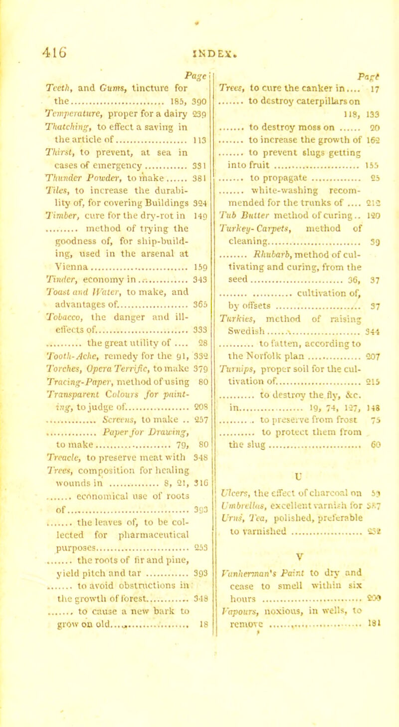 Page Teeth, and Gums, tincture for the 185, 390 Temperature, proper for a dairy 239 Thatching, to effect a saving in the article of 113 Thirst, to prevent, at sea in cases of emergency 331 Thunder Powder, to make 381 Tiles, to increase the durabi- lity of, for covering Buildings 324 Timber, cure for the dry-rot in 149 method of trying the goodness of, for ship-build- ing, used in the arsenal at Vienna 159 Tinder, economy in. 343 Toast and IVatcr, to make, and advantages of. 365 Tobacco, the danger and iII- elfects of. 333 the great utility of .... 28 Tooth-Ache, remedy for the 91, 332 Torches, Opera Terrific, to make 379 Tracing-Paper, method of using 80 Transparent Colours for paint- ing, to judge of. 203 Screens, to make .. 257 Paper for Drawing, to make 79, 80 Treacle, to preserve meat with S4S Trees, composition for healing wounds in S, 21, 316 economical use of roots of 393 the leaves of, to be col- lected for pharmaceutical purposes 253 the roots of fir and pine, yield pitch and tar 393 to avoid obstructions in the growth of forest 348 to cause a new bark to grow on old... 18 Page Trees, to cure the canker in.... 17 ....... to destroy caterpillars on 118, 133 to destroy moss on 20 to increase the growth of 162 to prevent slugs getting into fruit 155 1 to propagate 25 white-washing recom- mended for the trunks of .... 212 Tub Butter method of curing.. 140 Turkey- Carpets, method of cleaning 39 Rhubarb, method of cul- tivating and curing, from the seed 36, 37 cultivation of, by offsets 37 Turkics, method of raising Swedish .% 344 to fatten, according to the Norfolk plan 207 Turnips, proper soil for tire cul- tivation of. 215 to destroy the fly, &c. in 19, 74, 127, H3 . to preserve from frost 75 to protect them from the slug 60 C J Ulcers, the effect of charcoal on 53 I Umbrellas, excellent varnish for 3>.7 Urns, ’l ea, polished, preferable to varnished 252 V Van Herman's Paint to dry and cease to smell within six hours 200 Vapours, noxious, in wells, to remove 131