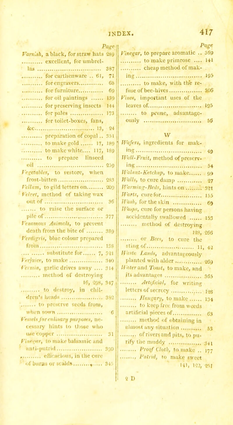 Page Varnish, a black, for straw hats <289 excellent, for umbrel- las 387 for earthenware ..61, 71 for engravers 68 for furniture 69 for oil paintings 139 for preserving insects M4 for pales 173 for toilet-boxes, fans, &c 13, 24 preparation of copal.. 351 lo make gold ...... 17, 189 to make white.... 117, 1S9 to prepare linseed oil 239 Vegetables, to restore, when frost-bitten 283 Veil am, to gild letters on 209 Velvet, method of taking wax out of.... 36 to raise the surface or pile of 377 Venomous Animals, to prevent death from the bite of 38g Verdigris, blue colour prepared from 138 substitute for 7, 321 Verjuice, to make 340 Vermin, garlic drives away 314 method of destroying 16, 298, 347 to destroy, in chil- dren’s heads 339 to preserve seeds front, when sown 6 Vessels for ni Unary purposes, ne- cessary hints to those who use copper 31 Vinegar, to make balsamic and ' anti-putrid 390 efficacious, in the cure of burns or scald* 34 Page Vinegar, to prepare aromatic .. 369 to make primrose .... 141 cheap method of mak- ing 193 to make, with the re- fuse of bee-hives 3.06 Vines, important uses of the leaves of. 195 to prune, advantage- ously 56 W Wafers, ingredients for mak- ing 49 Wall-Fruit, method of preserv- ing 54 Walnut-Ketchup, to make 99 flails, to cure damp 27 IVarming-Seds, hints on 321 Warts, cure for 155 Wash, for the skin 69 Wasps, cure for persons having accidentally swallowed 153 method of destroying 128, 266 or Sees, to cure the sting of n, 42 Waste Lands, advantageously planted with alder ogg H ater and Toast, to make, and its advantages 355 Artificial, for writing letters of secrecy i«§ Hungary, to make 134 to keep free from weeds artificial pieces of 53 method of obtaining in almost any situation 53 of rivers and pits, to pu- rify tiie muddy 341 Proof Cloth, to make .. 177 Putrid, to make sweet Ul, 122, 251 2 D