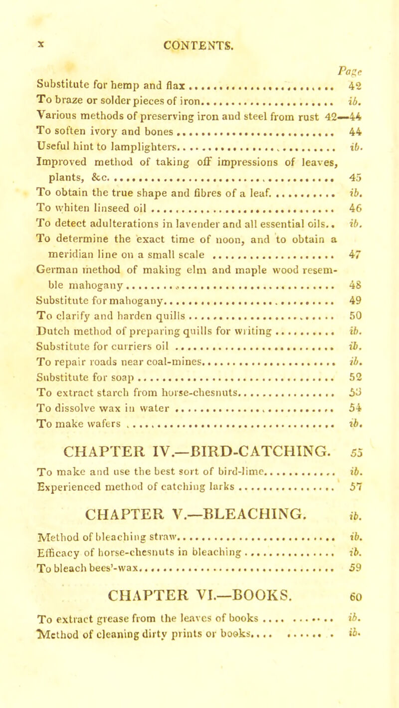 Page Substitute for hemp and flax 42 To braze or solder pieces of iron ib. Various methods of preserving iron and steel from rust 42~44 To soften ivory and bones 44 Useful hint to lamplighters ib. Improved method of taking off impressions of leaves, plants, &c 45 To obtain the true shape and fibres of a leaf. ib. To whiten linseed oil 46 To detect adulterations in lavender and all essential oils.. ib. To determine the exact time of noon, and to obtain a meridian line on a small scale 47 German rhethod of making elm and maple wood resem- ble mahogany 48 Substitute for mahogany 49 To clarify and harden quilis 50 Dutch method of preparing quills for writing ib. Substitute for curriers oil ib. To repair roads near coal-mines ib. Substitute for soap 52 To extract starch from horse-cliesnuts 53 To dissolve wax in water 54 To make wafers ib. CHAPTER IV.—BIRD-CATCHING. 55 To make and use the best sort of bird-lime ib. Experienced method of catching larks 57 CHAPTER V.—BLEACHING. ib. Method of bleaching straw ib. Efficacy of horse-chesnuts in bleaching ib. To bleach bees’-wax 59 CHAPTER VI.—BOOKS. 6o To extract grease from the leaves of books ib. Method of cleaning dirty prints or books «£•