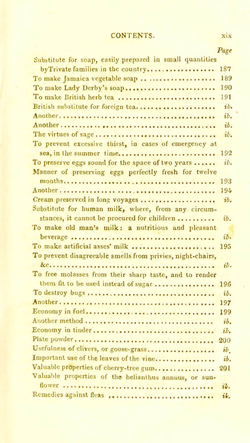 Page Substitute for soap, easily prepared in small quantities byTrivate families in the country 187 To make Jamaica vegetable soap 189 To make Lady Derby’s soap 190 To make British herb tea 191 British substitute for foreign tea ib. Another ib. Another ib. The virtues of sage ib. To prevent excessive thirst, in cases of emergency at sea, in the summer time 192 To preserve eggs sound for the space of two years ib. Manner of preserving eggs perfectly fresh for twelve months 193 Another 194 Cream preserved in long voyages ib. Substitute for human milk, where, from any circum- stances, it cannot be procured for children ib. To make old man’s milk: a nutritious and pleasant beverage . ib. To make artificial asses’ milk 195 To prevent disagreeable smells from privies, night-chairs, &o ib. To free molasses from their sharp taste, and to render them fit to be used instead of sugar 196 To destroy bugs ib. Another 197 Economy in fuel 199 Another method ib. Economy in tinder ib. Plate powder 200 Usefulness of clivers, or goose-grass ib Important use of the leaves of the vine ib. Valuable properties of cherry-tree gum 201 Valuable properties of the helianthus animus, or sun- flower ib. Remedies against fleas a.