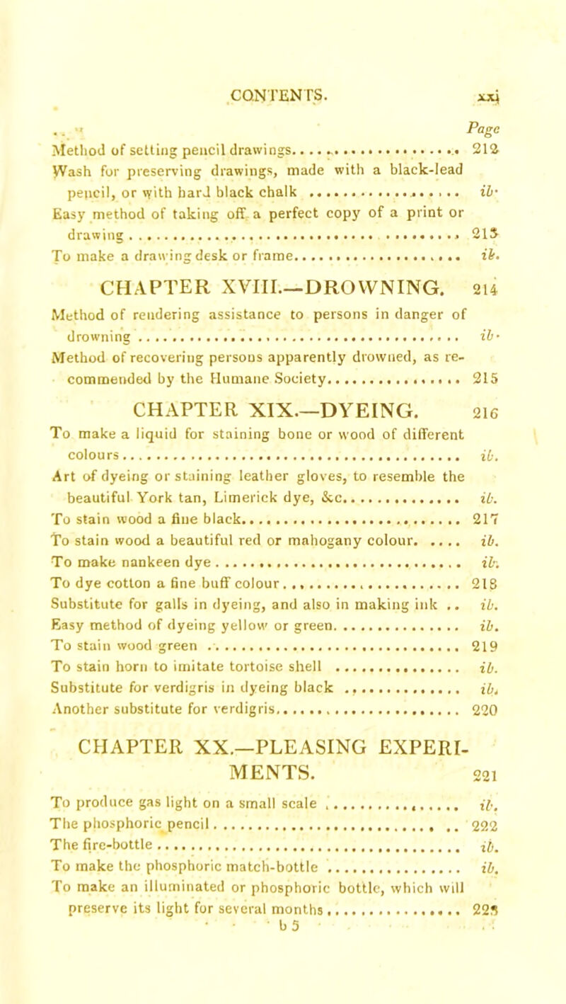 .. •' Page Method of setting pencil drawings.... 212 Wash for preserving drawings, made with a black-lead pencil, or with hard black chalk ill- Easy method of taking off a perfect copy of a print or drawing «... 215 To make a drawing desk or frame it- CHAPTER XVIII—DROWNING. 214 Method of rendering assistance to persons in danger of drowning ib- Method of recovering persons apparently drowned, as re- commended by the Humane Society 215 CHAPTER XIX.—DYEING. 216 To make a liquid for staining bone or wood of different colours it. Art of dyeing or staining leather gloves, to resemble the beautiful York tan, Limerick dye, &c ib. To stain wood a fine black 217 To stain wood a beautiful red or mahogany colour ib. To make nankeen dye ib. To dye cotton a fine buff colour 218 Substitute for galls in dyeing, and also in making ink .. ib. Easy method of dyeing yellow or green ib. To stain wood green 219 To stain horn to imitate tortoise shell ib. Substitute for verdigris in dyeing black ib. Another substitute for verdigris 220 CHAPTER XX.—PLEASING EXPERI- MENTS. 221 To produce gas light on a small scale The phosphoric pencil 222 The fire-bottle ib. To make the phosphoric match-bottle ib. To make an illuminated or phosphoric bottle, which will preserve its light for several months 225