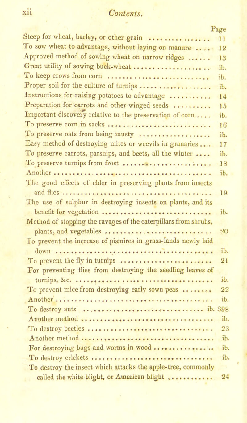 Page Steep for wheat, barley, or other grain 11 r! o sow wheat to advantage, without laying on manure .... 12 Approved method of sowing wheat on narrow ridges 13 Great utility of sowing buck-wheat ib. To keep crows from corn jb. Proper soil for the culture of turnips ib. Instructions for raising potatoes to advantage 14 Preparation for carrots and other winged seeds 15 Important discovery relative to the preservation of corn .... ib. To preserve corn in sacks 16' To preserve oats from being musty ib. Easy method of destroying mites or weevils in granaries ... 17 To preserve carrots, parsnips, and beets, all the winter .... ib. To preserve turnips from frost 18 Another ib. The good effects of elder in preserving plants from insects and flies 19 The use of sulphur in destroying insects on plants, and its benefit for vegetation ib. Method of stopping the ravages of the caterpillars from shrubs, plants, and vegetables 20 To prevent the increase of pismires in grass-lands newly laid down ~. ib. To prevent the fly in turnips 21 For preventing flies from destroying the seedling leaves of turnips, &c ib. To prevent mice from destroying early sown peas 22 Another ib. To destroy ants ib. 398 Another method ib. To destroy beetles 23 Another method ib. For destroying bugs and worms in wood ib. To destroy crickets ib. To destroy the insect which attacks the apple-tree, commonly called the white blight, or American blight 24