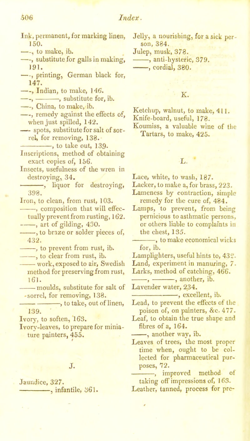 Ink, permanent, for marking linen, 150. , to make, ib. , substitute for galls in making, 191. —, printing, German black for, 147. , Indian, to make, 146. — , substitute for, ib. , China, to make, ib. —, remedy against the effects of, when just spilled, 142. — spots, substitute for salt of sor- rel, for removing, 138. , to take out, 139. Inscriptions, method of obtaining exact copies of, 156. Insects, usefulness of the wren in destroying, 34. , liquor for destroying, 398. Iron, to clean, from rust, 103. —-—•, composition that will effec- tually prevent from rusting, 162. , art of gilding, 430. , to braze or solder pieces of, 432. , to prevent from rust, ib. , to clear from rust, ib. work, exposed to air, Swedish method for preserving from rust, 161. -moulds, substitute for salt of -sorrel, for removing, 138. , to take, out of linen, 139. Ivor}', to soften, 163. Ivory-leaves, to prepare for minia- ture painters, 455. J. Jaundice, 327. , infantile, 361. Jelly, a nourishing, for a sick per- son, 384. Julep, musk, 378. , anti-hysteric, 379. , cordial, 380. K. Ketchup, walnut, to make, 411. Knife-board, useful, 178. Koumiss, a valuable wine of the Tartars, to make, 425. L. ' Lace, white, to wash, 187. Lacker, to make a, for brass, 223. Lameness by contraction, simple remedy for the cure of, 484. Lamps, to prevent, from being pernicious to asthmatic persons, or others liable to complaints in the chest, 135. , to make economical wicks for, ib. Lamplighters, useful hints to, 432. Land, experiment in manuring, 7. Larks, method of catching, 466. , , another, ib. Lavender water, 234. , excellent, ib. Lead, to prevent the effects of the poison of, on painters, &c. 477. Leaf, to obtain the true shape and fibres of a, 164. , another way, ib. Leaves of trees, the most proper time when, ought to be col- lected for pharmaceutical pur- poses, 72. , improved method of taking off impressions of, 163. Leather, tanned, process for pre-