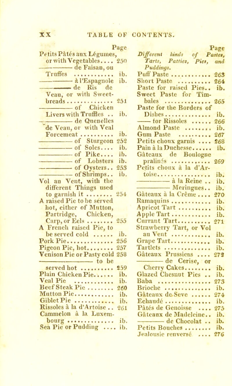 Page Petits Pflt^s aux Legumes, or with Vegetables.... 250 de Faisan, ou Truffes ib. Al’Espagnole ib. ——— de Ris de Veaii, or with Sweet- breads 251 of Chicken Livers with Truffles .. ib. de Quenelles de Veau, or with Veal Forcemeat ib. of Sturgeon 252 of Soles.... ib. of Pike.... ib. of Lobsters ib. of Oysters.. 253 of Shrimps., ib. Vol au Vent, with the different Things used to garnish it 254 A raised Pie to be served hot, either of Mutton, Partridge, Chicken, Carp, or Eels 255 A Freneh raised Pie, to be served cold ib. Pork Pie 256 Pigeon Pie, hot........ 257 Venison Pie or Pasty cold 258 to be served hot £59 Plain Chicken Pie...... ib. Veal Pic ib. Beefsteak Pie 260 Mutton Pie ib. GibletPie ib. Rissoles if la d’Artoise .. 261 Cammelon a la Luxem- bourg ib. Sea Pie or Pudding .... ib. Page Different hinds of Pastes, Tarts, Patties, Pies, and Puddings, Puff Paste 263 Short Paste 264 Paste for raised Pies., ib. Sweet Paste for Tim- bales 265 Paste for the Borders of Dishes ib. for Rissoles 266 Almond Paste ib. Gum Paste 267 Petits chonx garnis .... £68 Pain a la Duchesse ib. Gateaux de Boulogne pralines 269 Petits clioux a la d’Ar- toise ib. a la Reine .. ib. Gateaux a la Creme .... 270 Ramaquins ib. Apricot Tart ib. Apple Tart ib. Currant Tart 271 Strawberry Tart, or Vol au Vent ib. Grape Tart.. ib. Tartlets ib. G&teaux Prussiens .... 272 de Cerise, or Cherry Cakes ib. Glazed Chesnut Pies .. ib. Baba 273 Brioche ib. Gateaux deSeve 274 Echaudd ib. Pat6s de Genoisse .... 275 Gfitcanx de Madeleine.. ib. de Chocolat .. ib. Petits Bouches ib. Jealousie renversd .... 276