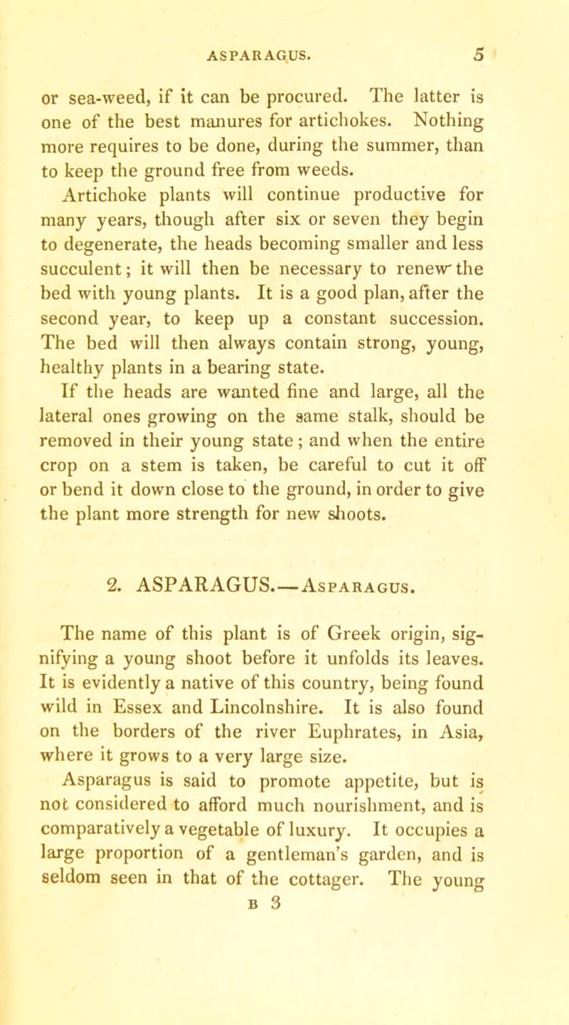 or sea-weed, if it can be procured. The latter is one of the best manures for artichokes. Nothing more requires to be done, during the summer, than to keep the ground free from weeds. Artichoke plants will continue productive for many years, though after six or seven they begin to degenerate, the heads becoming smaller and less succulent; it will then be necessary to renevr the bed with young plants. It is a good plan, after the second year, to keep up a constant succession. The bed will then always contain strong, young, healthy plants in a bearing state. If the heads are wanted fine and large, all the lateral ones growing on the same stalk, should be removed in their young state; and when the entire crop on a stem is taken, be careful to cut it off or bend it down close to the ground, in order to give the plant more strength for new slioots. 2. ASPARAGUS.—Asparagus. The name of this plant is of Greek origin, sig- nifying a young shoot before it unfolds its leaves. It is evidently a native of this country, being found wild in Essex and Lincolnshire. It is also found on the borders of the river Euphrates, in Asia, where it grows to a very large size. Asparagus is said to promote appetite, but is not considered to afford much nourishment, and is comparatively a vegetable of luxury. It occupies a large proportion of a gentleman’s garden, and is seldom seen in that of the cottager. The young B 3