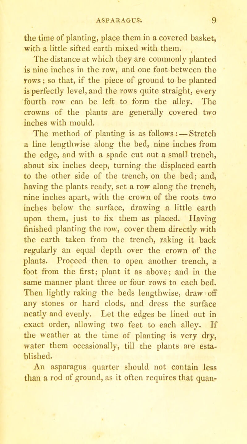 the time of planting, place them in a covered basket, with a little sifted earth mixed with them. The distance at which they are commonly planted is nine inches in the row, and one foot between the rows; so that, if the piece of ground to be planted is perfectly level, and the rows quite straight, every fourth row can be left to form the alley. The crowns of the plants are generally covered two inches with mould. The method of planting is as follows: — Stretch a line lengthwise along the bed, nine inches from the edge, and with a spade cut out a small trench, about six inches deep, turning the displaced earth to the other side of the trench, on the bed; and, having the plants ready, set a row along the trench, nine inches apart, with the crown of the roots two inches below the surface, drawing a little earth upon them, just to fix them as placed. Having finished planting the row, cover them directly with the earth taken from the trench, raking it back regularly an equal depth over the crown of the plants. Proceed then to open another trench, a foot from the first; plant it as above; and in the same manner plant three or four rows to each bed. Then lightly raking the beds lengthwise, drawoff any stones or hard clods, and dress the surface neatly and evenly. Let the edges be lined out in exact order, allowing two feet to each alley. If the weather at the time of planting is very dry, water them occasionally, till the plants are esta- blished. An asparagus quarter should not contain less than a rod of ground, as it often requires that quan-