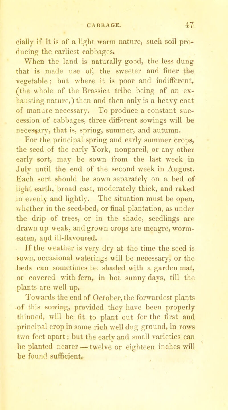 cially if it is of a liglit warm nature, such soil pro- ducing the earliest cabbages. When the land is naturally good, the less dung that is made use of, the sweeter and finer the vegetable; but where it is poor and indifferent, (the whole of the Brassica tribe being of an ex- hausting nature,) then and then only is a heavy coat of manure necessary. To produce a constant suc- cession of cabbages, three different sowings will be necessary, that is, spring, summer, and autumn. For the principal spring and early summer crops, the seed of the early York, nonpareil, or any other early sort, may be sown from the last Aveek in July until the end of the second week in August. Each sort should be sown separately on a bed of light earth, broad cast, moderately thick, and raked in evenly and lightly. The situation must be open, whether in the seed-bed, or final plantation, as under the drip of trees, or in the shade, seedlings are drawn up weak, and grown crops are meagre, worm- eaten, aijd ill-flavoured. If the weather is very dry at the time the seed is sown, occasional waterings will be necessary, or the beds can sometimes be shaded with a garden mat, or covered with fern, in hot sunny days, till the plants are well up. Towards the end of October, the forwardest plants of this sowing, provided they have been properly thinned, will be fit to plant out for the first and j)rincipal crop in some rich well dug ground, in rows two feet apart; but the early and small varieties can be planted nearer — twelve or eighteen inches will be found sufficient.