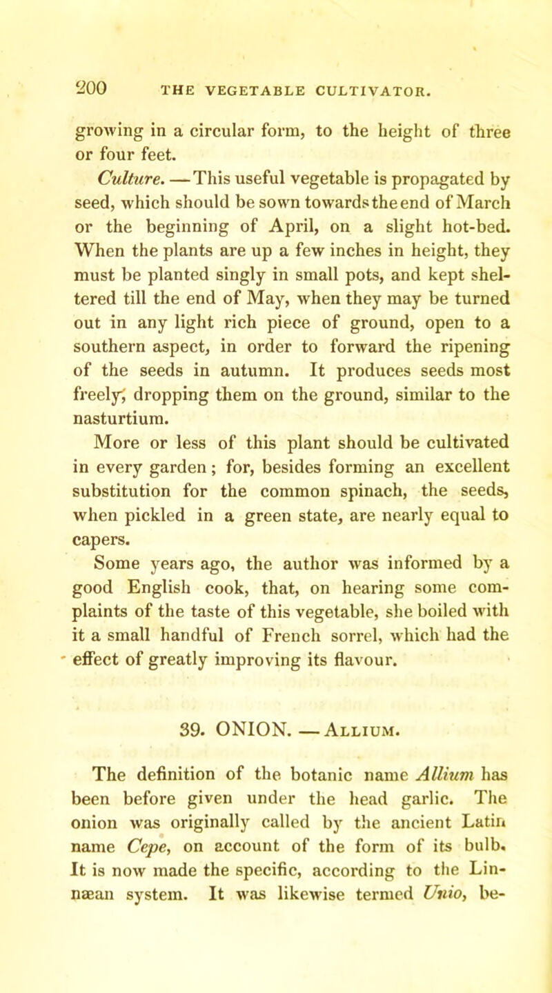 growing in a circular form, to the height of three or four feet. Culture. —This useful vegetable is propagated by seed, which should be sown towards the end of March or the beginning of April, on a slight hot-bed. When the plants are up a few inches in height, they must be planted singly in small pots, and kept shel- tered till the end of May, when they may be turned out in any light rich piece of ground, open to a southern aspect, in order to forward the ripening of the seeds in autumn. It produces seeds most freelyi dropping them on the ground, similar to the nasturtium. More or less of this plant should be cultivated in every garden; for, besides forming an excellent substitution for the common spinach, the seeds, when pickled in a green state, are nearly equal to capers. Some years ago, the author was informed by a good English cook, that, on hearing some com- plaints of the taste of this vegetable, she boiled with it a small handful of French sorrel, which had the ' effect of greatly improving its flavour. 39. ONION.—Allium. The definition of the botanic name Allium has been before given under the head garlic. The onion was originally called by the ancient Latin name Cepe, on account of the form of its bulb. It is now made the specific, according to the Lin- naean system. It was likewise termed Uiiio, be-