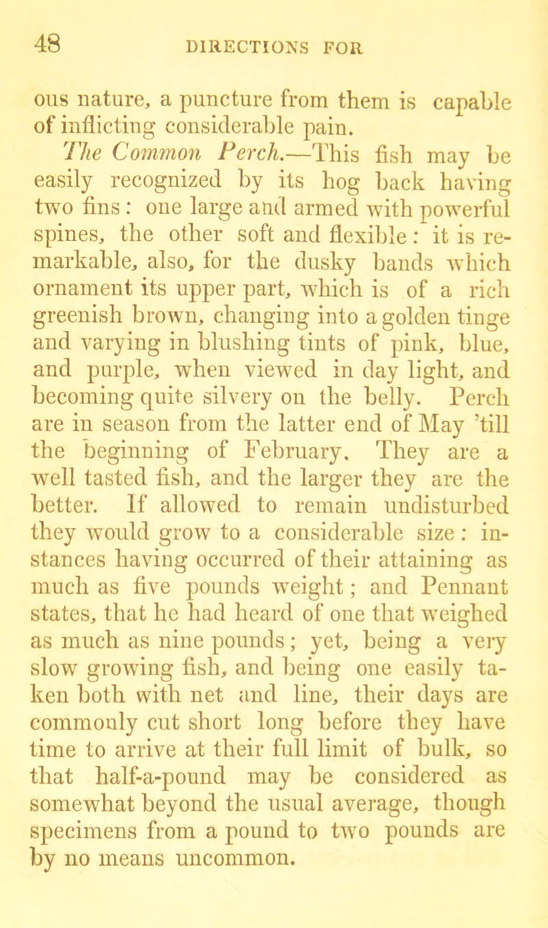 ous nature, a puncture from them is capable of inflicting considerable pain. The Common Perch.—This fish may be easily recognized by its hog back having two fins: one large and armed with powerful spines, the other soft and flexible: it is re- markable, also, for the dusky bands which ornament its upper part, which is of a rich greenish brown, changing into a golden tinge and varying in blushing tints of pink, blue, and purple, when viewed in day light, and becoming quite silvery on the belly. Perch are in season from the latter end of May ’till the beginning of February, They are a well tasted fish, and the larger they are the better. If allowed to remain undisturbed they would grow to a considerable size: in- stances having occurred of their attaining as much as five pounds weight; and Pennant states, that he had heard of one that weighed as much as nine pounds; yet, being a very slow growing fish, and being one easily ta- ken both with net and line, their days are commouly cut short long before they have time to arrive at their full limit of bulk, so that half-a-pound may be considered as somewhat beyond the usual average, though specimens from a pound to two pounds are by no means uncommon.
