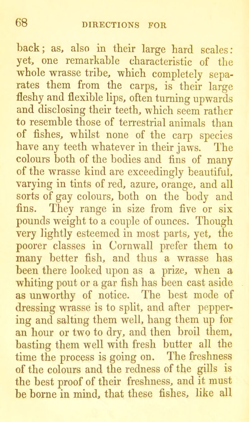 back; as, also in their large hard scales: yet, one remarkable characteristic of the whole wrasse tribe, which completely sepa- rates them from the carps, is their large fleshy and flexible lips, often turning upwards and disclosing their teeth, which seem rather to resemble those of terrestrial animals than of fishes, whilst none of the carp species have any teeth whatever in their jaws. The colours both of the bodies and fins of many of the wrasse kind are exceedingly beautiful, varying in tints of red, azure, orange, and all sorts of gay colours, both on the body and fins. They range in size from five or six pounds weight to a couple of ounces. Though very lightly esteemed in most parts, yet, the poorer classes in Cornwall prefer them to many better fish, and thus a wrasse has been there looked upon as a prize, when a whiting pout or a gar fish has been cast aside as unworthy of notice. The best mode of dressing wrasse is to split, and after pepper- ing and salting them well, hang them up for an hour or two to dry, and then broil them, basting them well with fresh butter all the time the process is going on. The freshness of the colours and the redness of the gills is the best proof of their freshness, and it must be borne in mind, that these fishes, like all