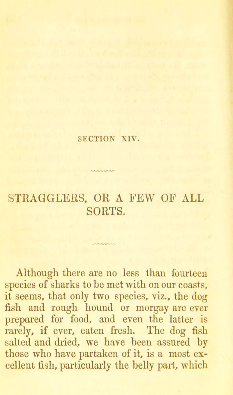 STRAGGLERS, OR A FEW OF ALL SORTS. Although there are no less than fourteen species of sharks to be met with on our coasts, it seems, that only two species, viz., the dog fish and rough hound or morgay are ever prepared for food, and even the latter is rarely, if ever, eaten fresh. The dog fish salted and dried, we have been assured by those who have partaken of it, is a most ex- cellent fish, particularly the belly part, which