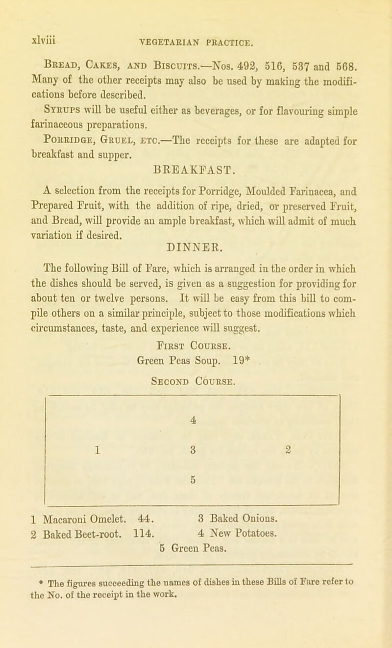 Bread, Cakes, and Biscuits.—Nos. 492, 516, 537 and 568. Many of the other receipts may also be used by making the modifi- cations before described. Syrups will be useful either as beverages, or for flavouring simple farinaceous preparations. Porridge, Gruel, etc.—The receipts for these are adapted for breakfast and supper. BEEAKFAST. A selection from the receipts for Porridge, Moulded Farinacea, and Prepared Fruit, with the addition of ripe, dried, or preserved Fruit, and Bread, iviU provide an ample breakfast, which will admit of much variation if desired. DINNER. The foUoiving Bill of Fai'e, which is arranged in the order in which the dishes should be served, is given as a suggestion for providing for about ten or twelve persons. It will be easy from this bill to com- pile others on a similar principle, subject to those modifications which circumstances, taste, and experience wUl suggest. First Course. Green Peas Soup. 19* Second Course. 4 1 3 5 1 Macaroni Omelet. 44. 3 Baked Onions. 2 Baked Beet-root. 114. 4 New Potatoes. 5 Green Peas. • The figures succeeding the names of dishes in these Bills of Fare refer to the No. of the receipt in the work.