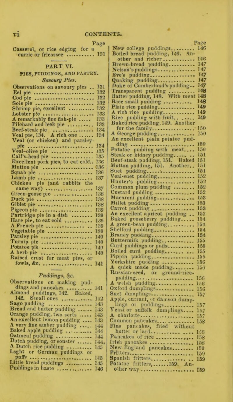 r 3. CONTENTS. vi Page Casserol, or rice edging for a currie or fricassee 131 PART VI. PIES, PCDDINGS, AND PASTRY. Savoury Pies. Observations on savoury pies .. 131 Eel pie 132 Cod pie 132 Sole pie 132 Shrimp pie, excellent 132 Lobster pie 133 A remarkably fine fish-pic 133 Pilchard and leek pie 133 Beef-steak pie 134 Veal pie, 134. A rich one 134 Veal (or chicken) and parsley pie 134 Veal-olive pie 135 Calf’s-head pie 135 Excellent pork pies, to eat cold.. 136 Mutton pie -136 Squab pie 136 Lamb pie 137 Chicken pie (and rabbits the same way) 137 Green-goose pie 138 Duck pie 138 Giblet pie 138 Pigeon pie 139 Partridge pie in a dish 139 Hare pie, to eat cold 139 A French pie 139 Vegetable pie 139 Parsley pie 140 Turnip pie 140 Potatoe pie 140 A herb pie 140 Raised crust for meat pies, or fowls, &c 141 Puddings, S;c. Observations on making pud- dings and pancakes 141 Almond puddings, 142. Baked, 142. Small ones 142 Sago pudding 143 Bread and butter pudding 143 Orange pudding, two sorts 143 An excellent lemon pudding .... 143 A very fine amber pudding j44 Baked apple pudding 144 Oatmeal pudding 144 Dutch pudding, or souster 144, A Dutch rice pudding 145 Lsght or German puddings or .puff? 145 Little bread puddings 145 Puddings in baste 146 j . Page New college puddings 146 Boiled bread pudding, 140. An- other and richer 146 Brown-bread pudding 147 Nelson’s puddings 147 Eve’s pudding 147 Quaking pudding 147 Duke of Cumberland’s pudding.. 147 Transparent pudding 148 Batter pudding, 148. With meat 148 Rice small pudding 148 Plain rice pudding 149 A rich rice pudding 149 Rice pudding with fruit.. ..... 149 Baked rice pudding, 149. Another for the family 150 A George pudding 150 An excellent plain potatoe pud- ding 150 Potatoe pudding with meat.... 150 Steak or kidney pudding 161 Beef-steak pudding, 151. Baked 181 Mutton pudding, 151. Another.. 151 Suet pudding a 151 Veal-suet pudding 152 Hunter’s pudding 152 Common plum-pudding 152 Custard pudding 152 Macaroni pudding 158 Millet pudding 153 Carrot pudding 153 An excellent apricot pudding .. 153 Baked gooseberry pudding 154 A green-bean pudding 154 Shelford pudding 154 Branny pudding 154 Buttermilk pudding 155 Curd puddings or puiTs 155 Boiled curd pudding ... 155 Pippin pudding 155 Yorkshire pudding 15C A quick made pudding 106 Russian-seed, or ground-rice- pudding 156 A welsh pudding 156 Oxford dumplings 156 Suet dumplings 157 Apple, currant, nr damson dump- lings or puddings 157 Yeast or Suffolk dumplings.... 157 A charlotte 157 Common pancakes.... 10s Fins pant akes, fried without butter or lard 108 Pancakes of rice 158 Irish pancakes 158 New-England pancakes 159 Fritters 159 Spanish fritters 159 Potatoe fritters, 159. An- other way 159